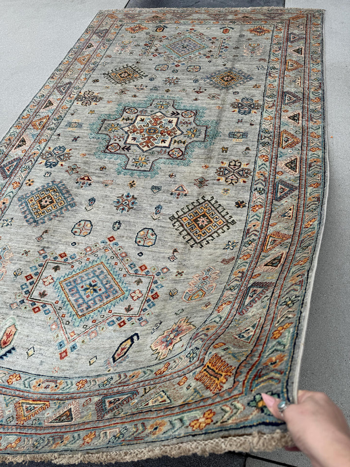 6x10 Handmade Afghan Wool Rug | Soft Gray Tribal Medallion | Vintage Style Kazak Area Rug