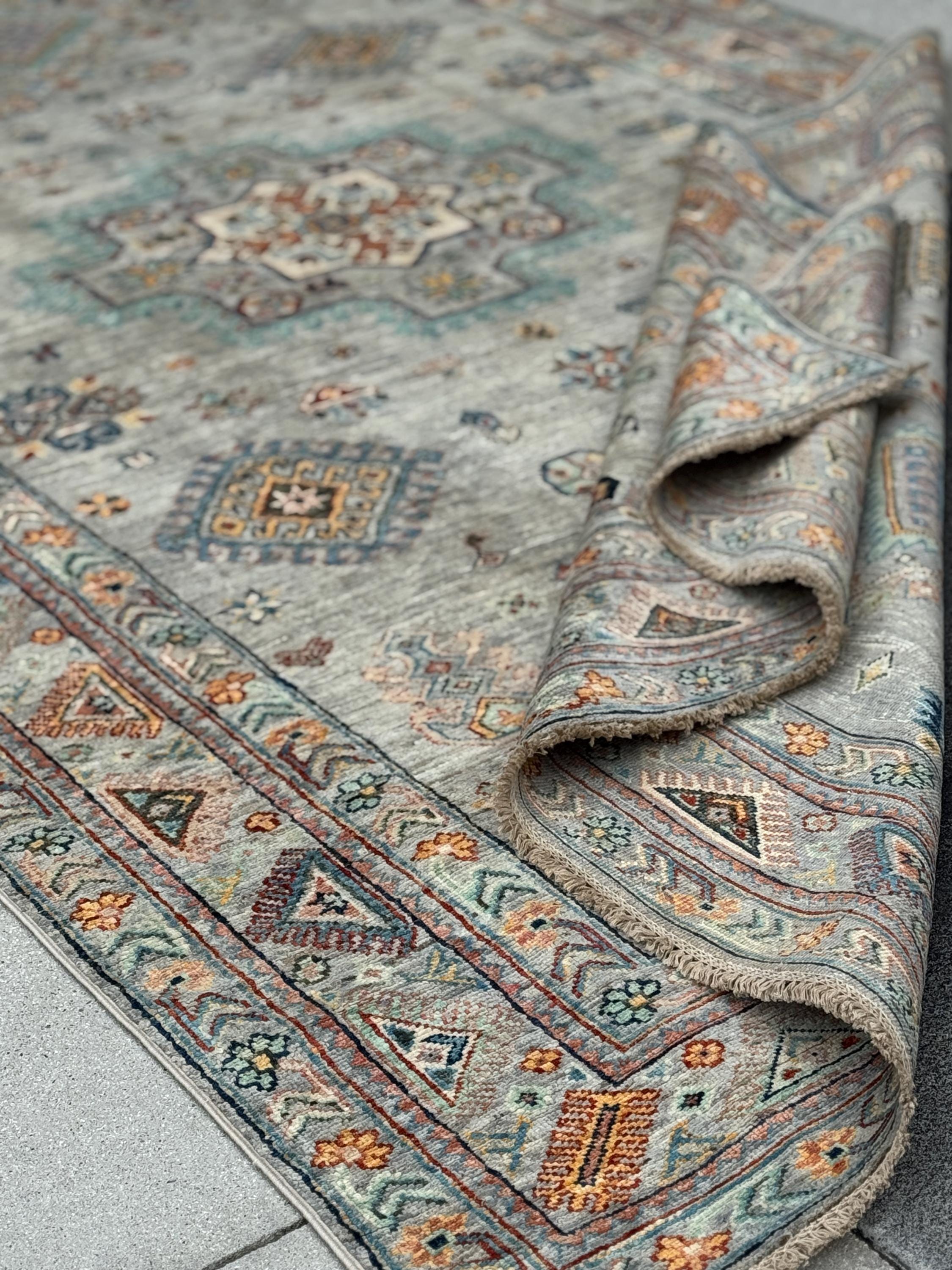 6x10 Handmade Afghan Wool Rug | Soft Gray Tribal Medallion | Vintage Style Kazak Area Rug