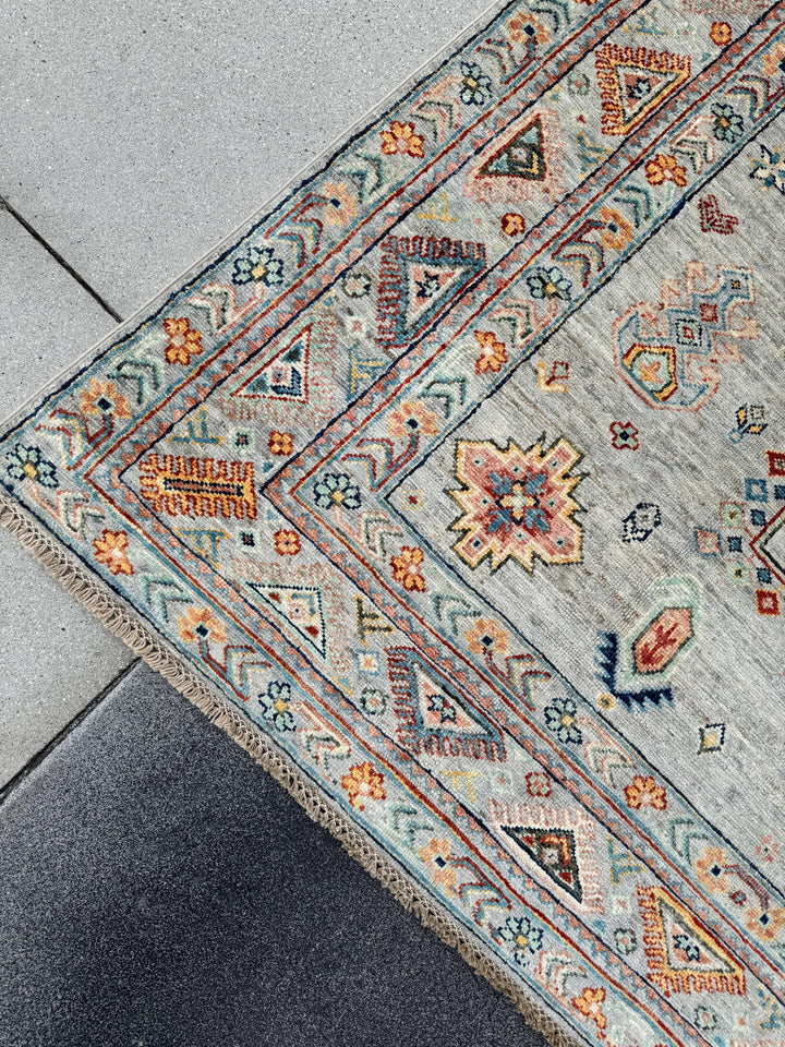 6x10 Handmade Afghan Wool Rug | Soft Gray Tribal Medallion | Vintage Style Kazak Area Rug