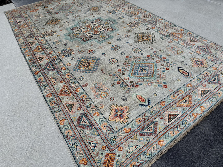 6x10 Handmade Afghan Wool Rug | Soft Gray Tribal Medallion | Vintage Style Kazak Area Rug