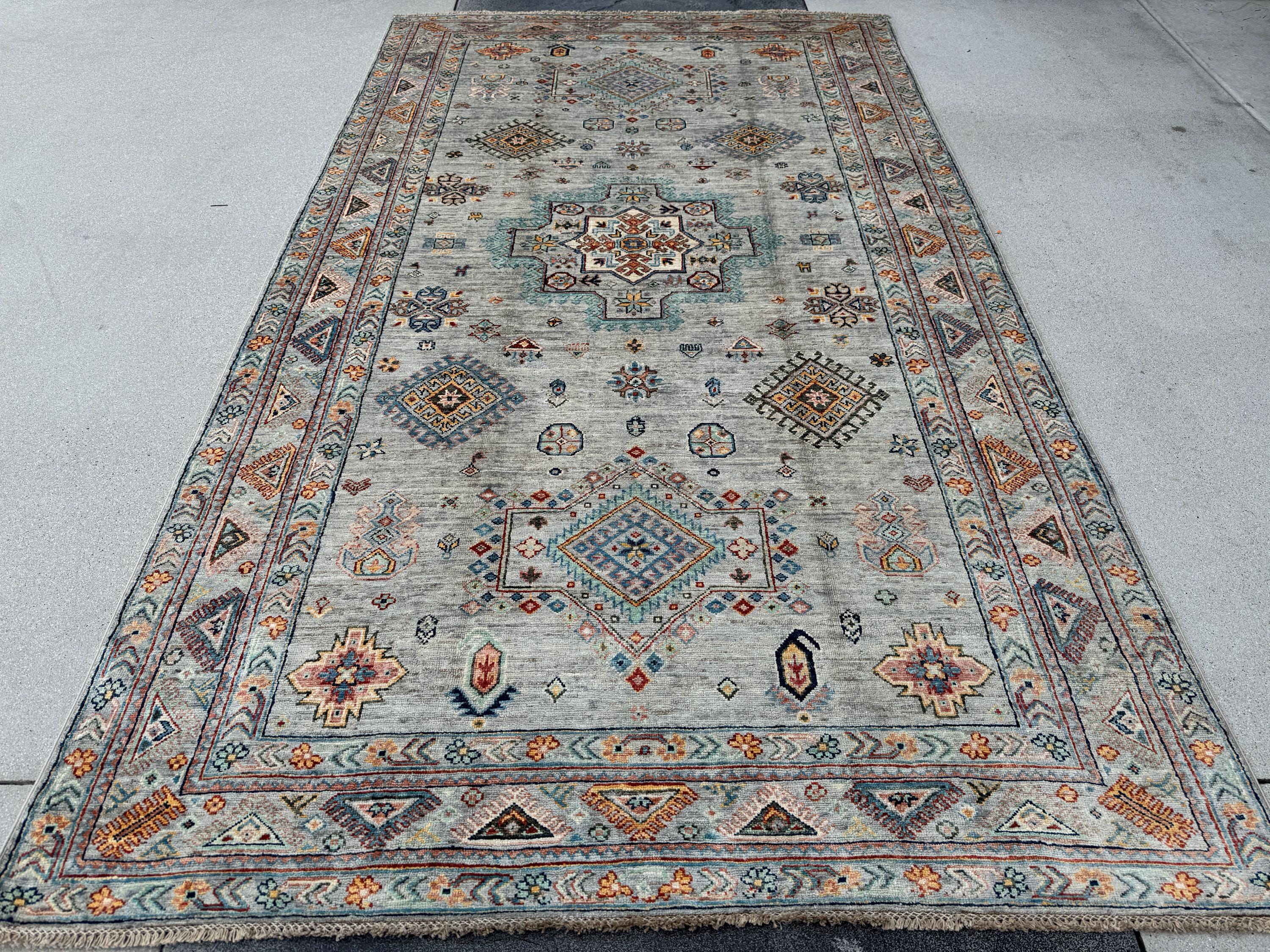 6x10 Handmade Afghan Wool Rug | Soft Gray Tribal Medallion | Vintage Style Kazak Area Rug