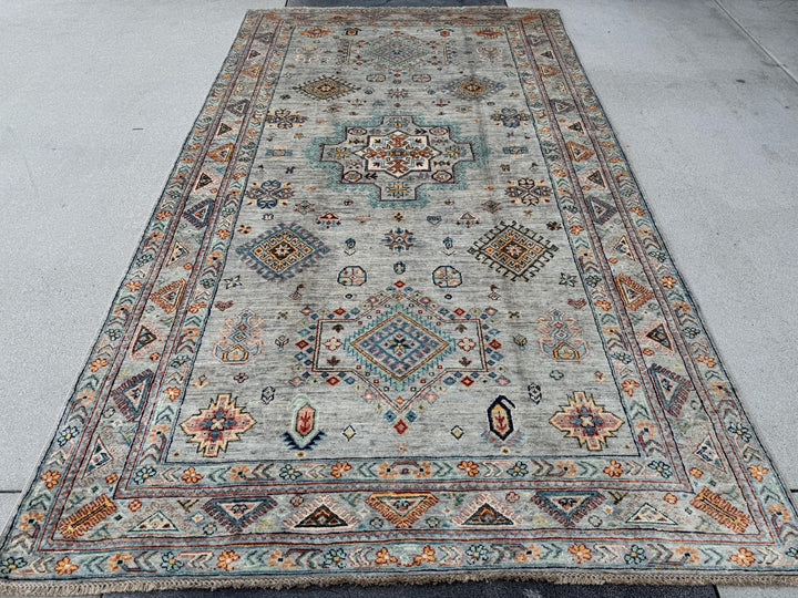 6x10 Handmade Afghan Wool Rug | Soft Gray Tribal Medallion | Vintage Style Kazak Area Rug