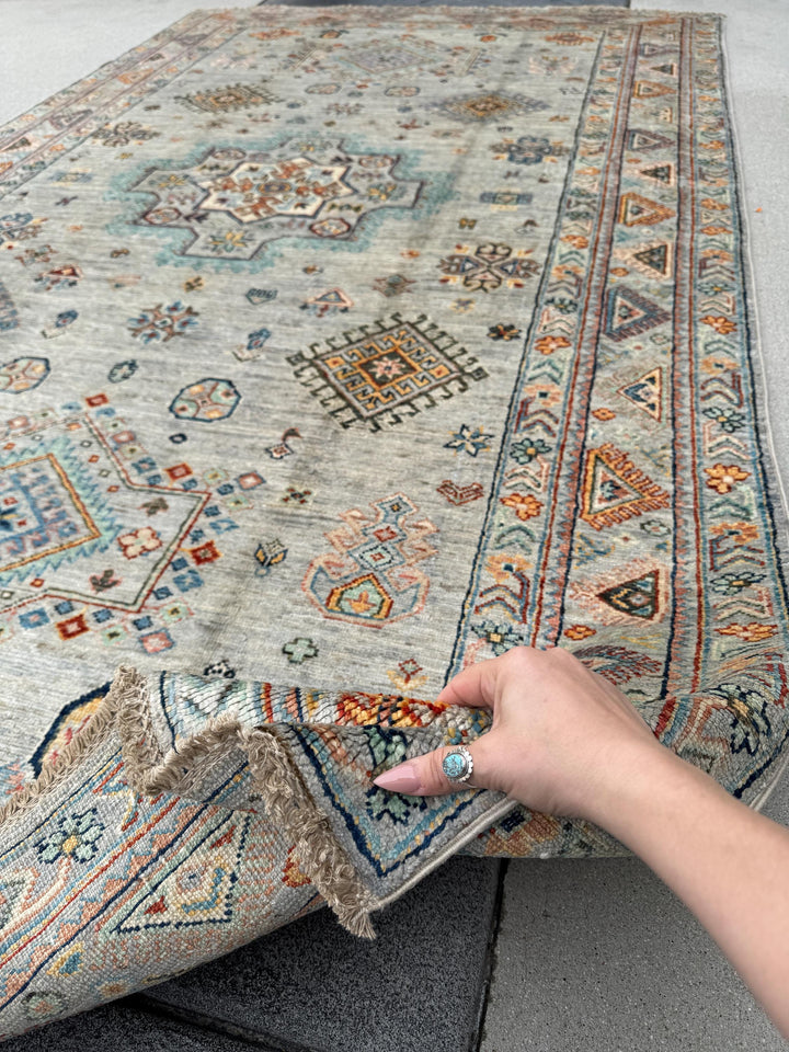 6x10 Handmade Afghan Wool Rug | Soft Gray Tribal Medallion | Vintage Style Kazak Area Rug