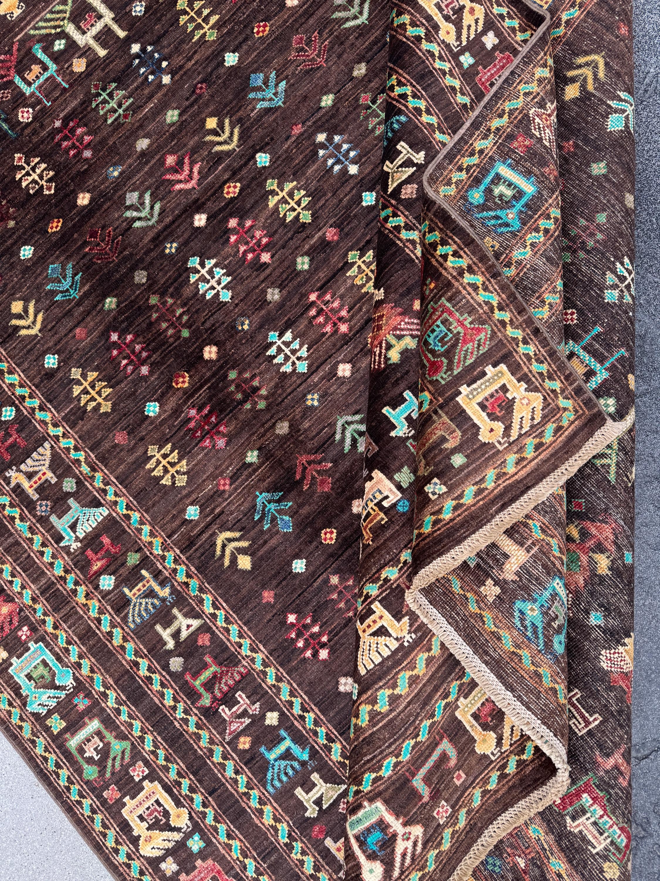 6x8 Handmade Afghan Wool Rug | Dark Brown Gabbeh Tribal Nomadic Design | Vintage Style Animals Folklore Area Rug