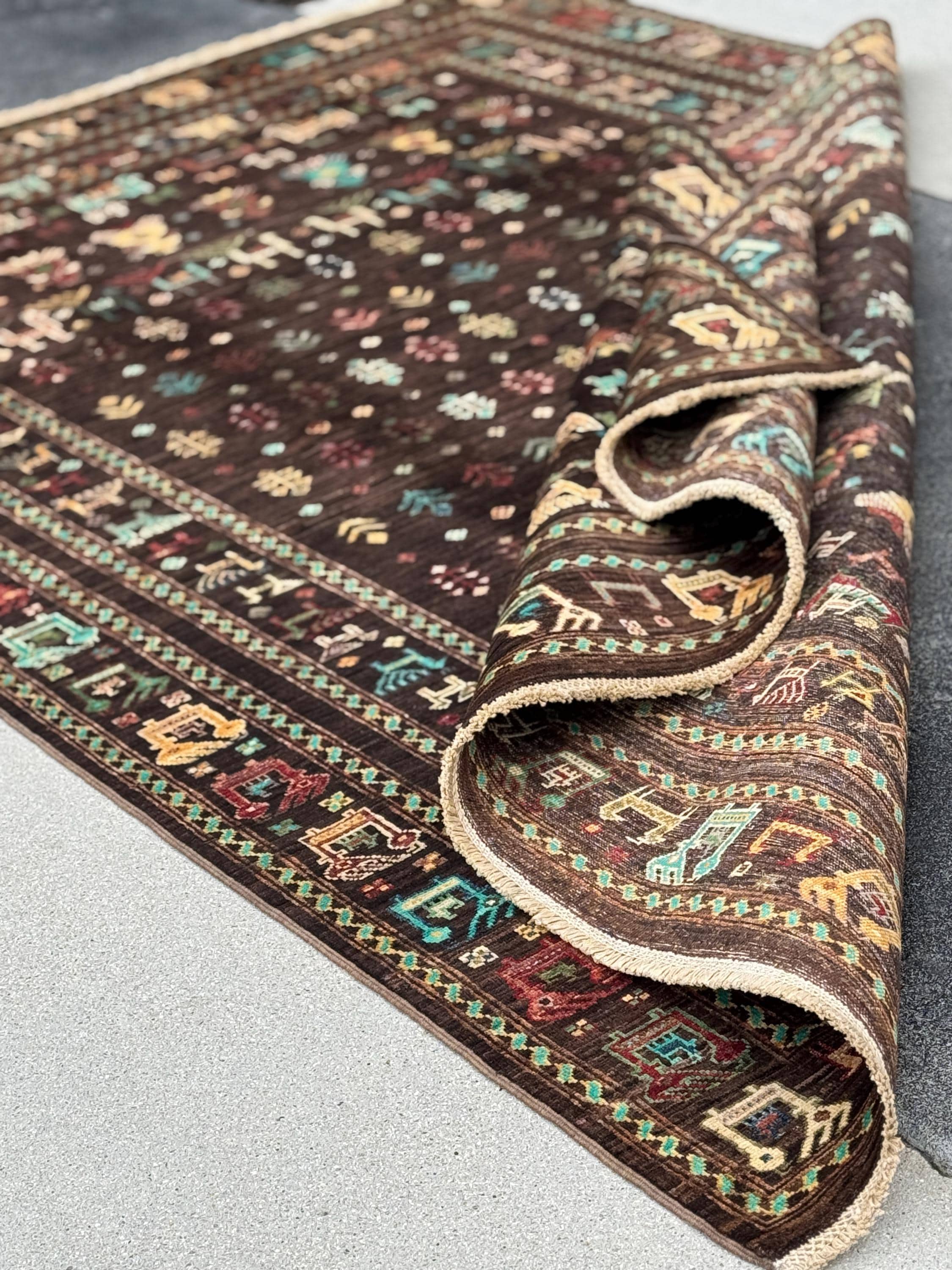 6x8 Handmade Afghan Wool Rug | Dark Brown Gabbeh Tribal Nomadic Design | Vintage Style Animals Folklore Area Rug