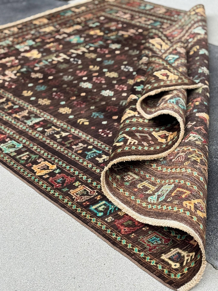 6x8 Handmade Afghan Wool Rug | Dark Brown Gabbeh Tribal Nomadic Design | Vintage Style Animals Folklore Area Rug