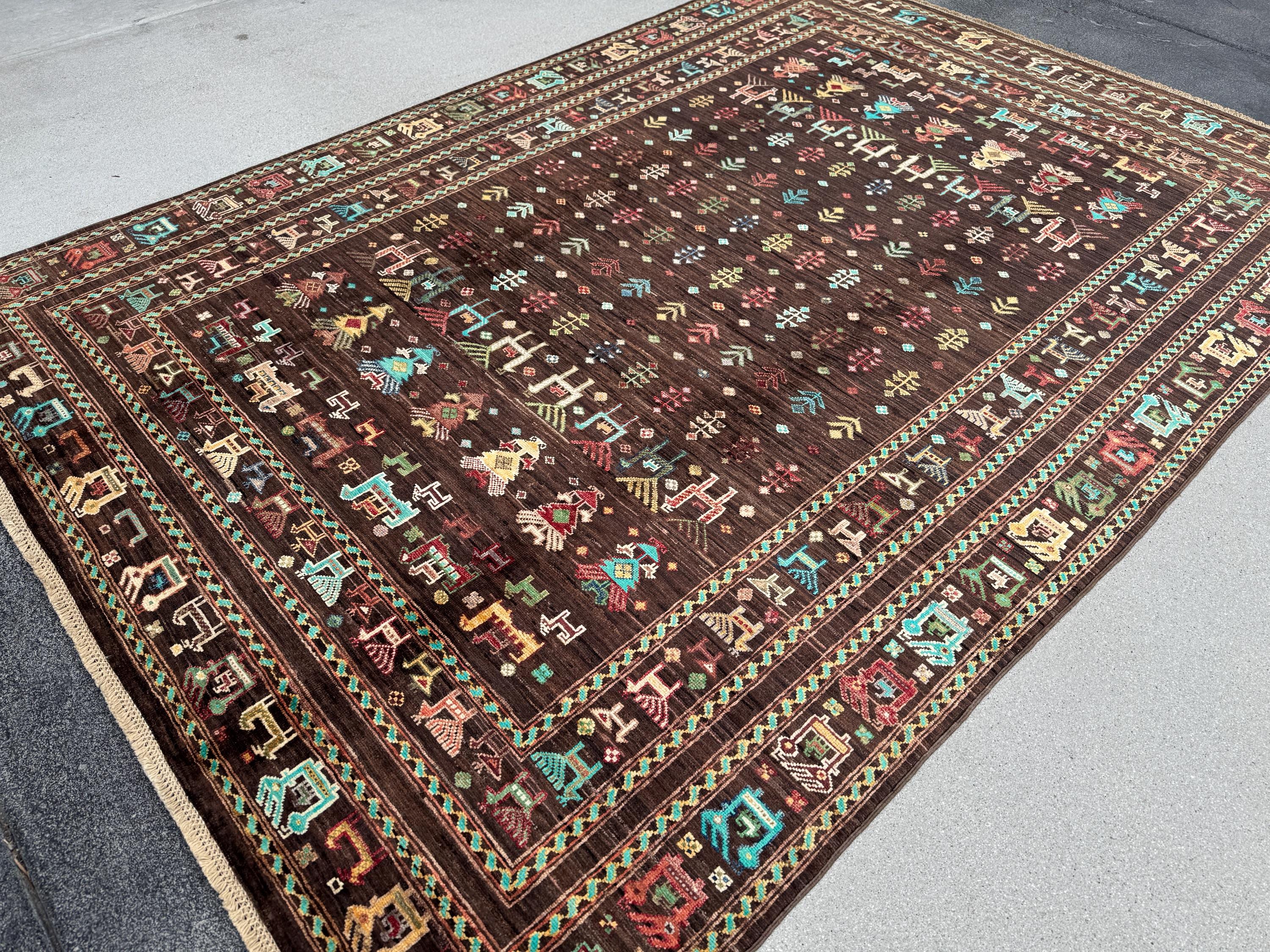 6x8 Handmade Afghan Wool Rug | Dark Brown Gabbeh Tribal Nomadic Design | Vintage Style Animals Folklore Area Rug