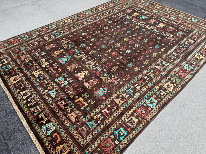 6x8 Handmade Afghan Wool Rug | Dark Brown Gabbeh Tribal Nomadic Design | Vintage Style Animals Folklore Area Rug