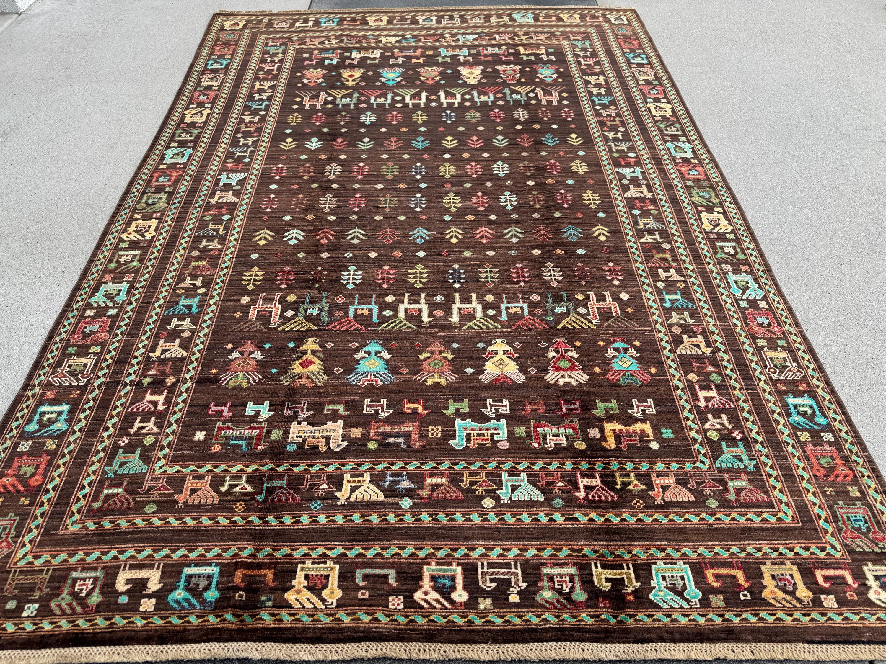 6x8 Handmade Afghan Wool Rug | Dark Brown Gabbeh Tribal Nomadic Design | Vintage Style Animals Folklore Area Rug