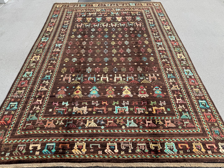 6x8 Handmade Afghan Wool Rug | Dark Brown Gabbeh Tribal Nomadic Design | Vintage Style Animals Folklore Area Rug