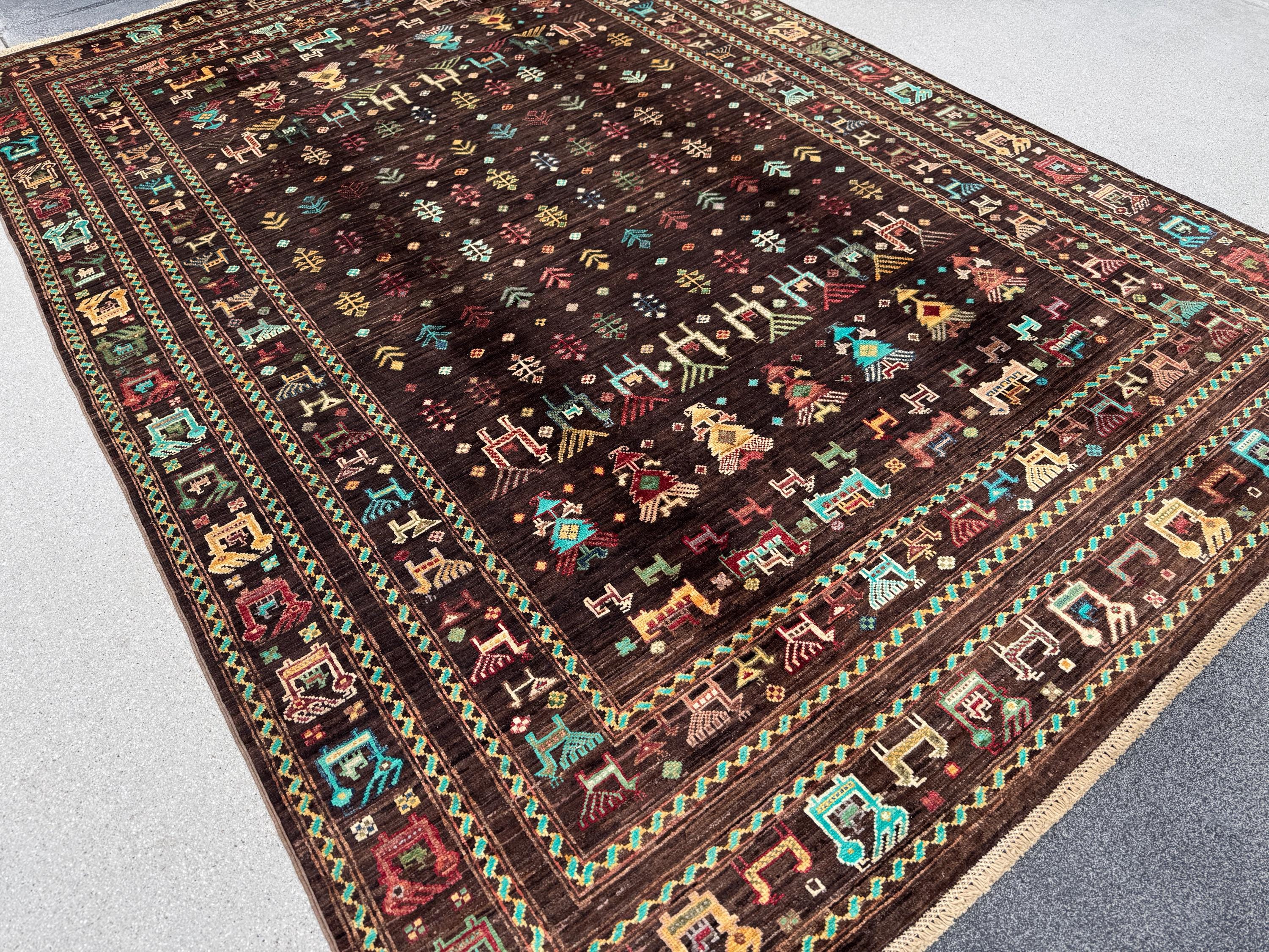 6x8 Handmade Afghan Wool Rug | Dark Brown Gabbeh Tribal Nomadic Design | Vintage Style Animals Folklore Area Rug
