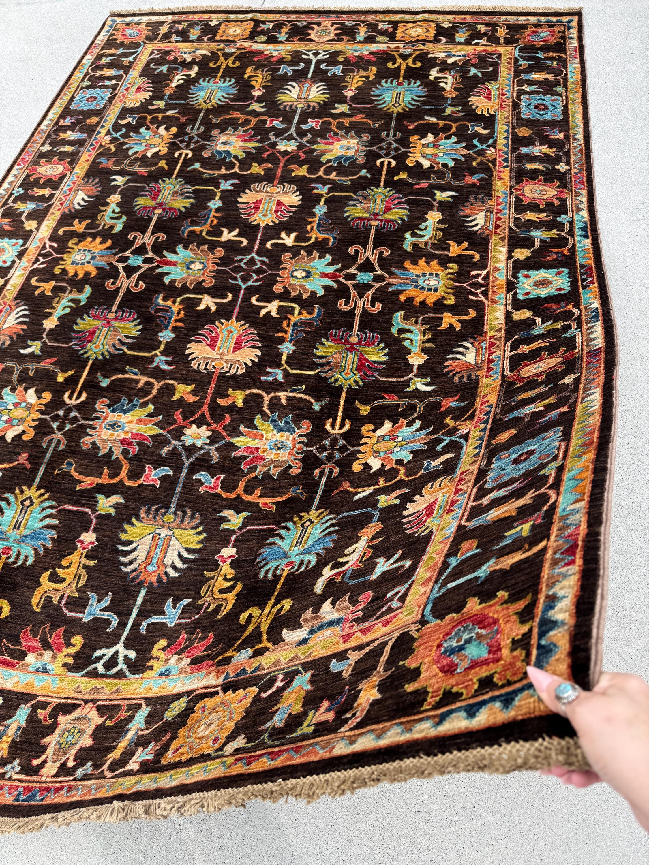 6x8 Handmade Afghan Wool Rug | Dark Brown Botanical Tribal Design | Heirloom Area Rug