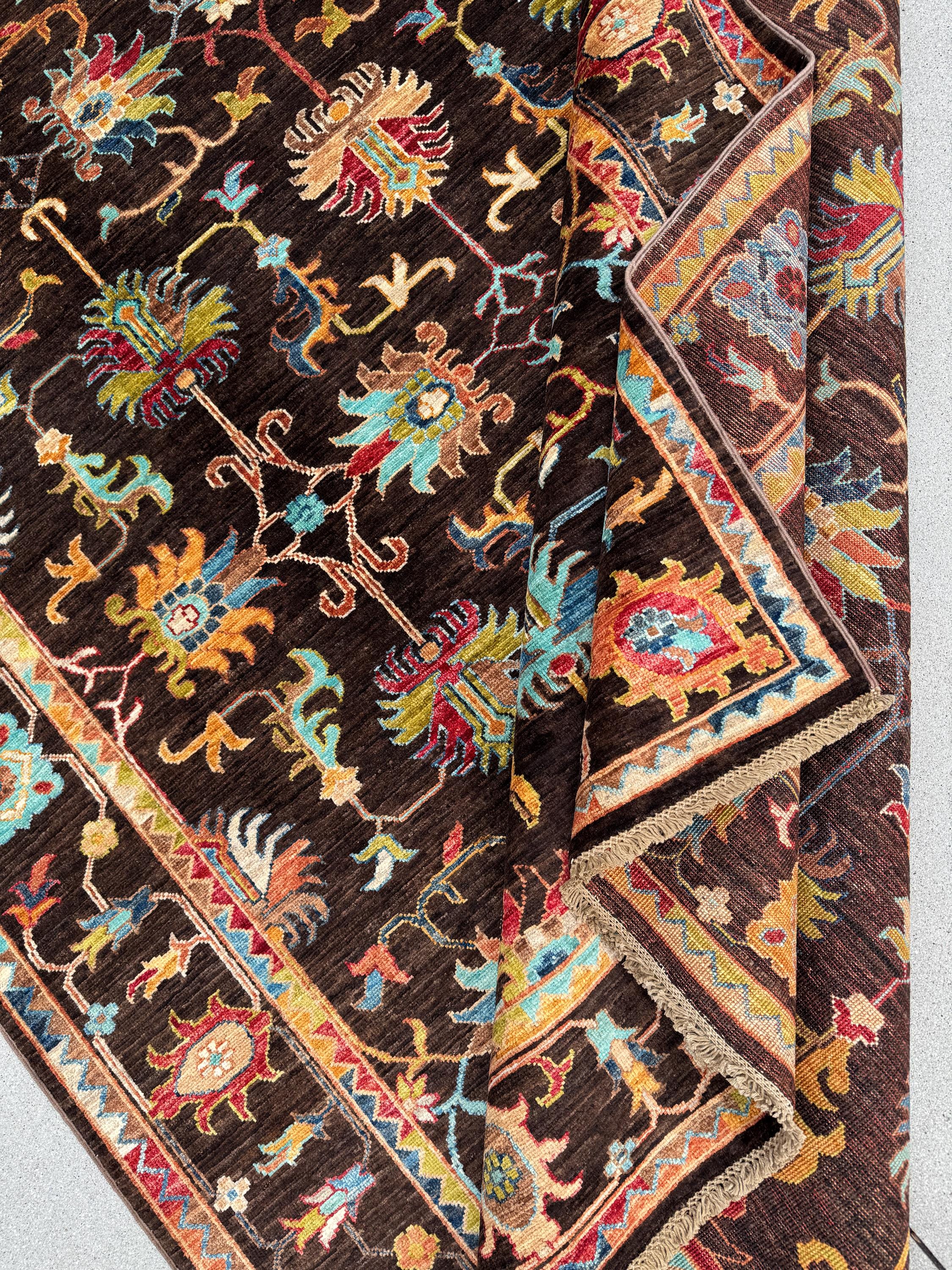6x8 Handmade Afghan Wool Rug | Dark Brown Botanical Tribal Design | Heirloom Area Rug