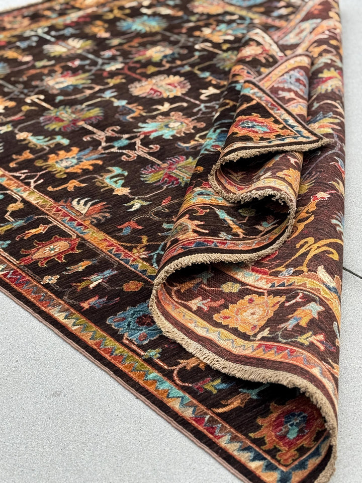 6x8 Handmade Afghan Wool Rug | Dark Brown Botanical Tribal Design | Heirloom Area Rug