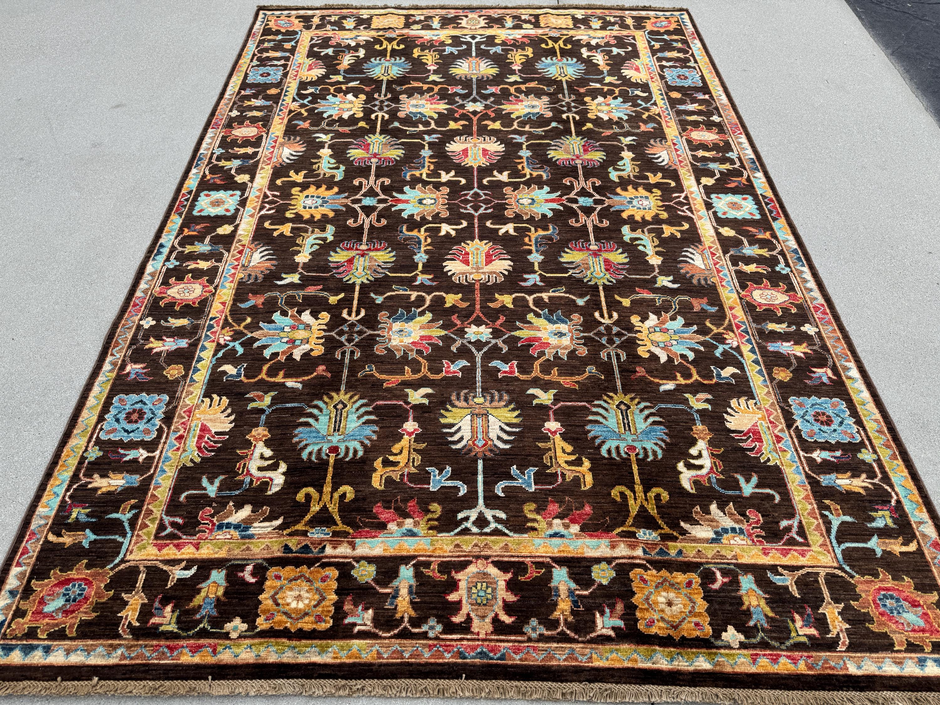 6x8 Handmade Afghan Wool Rug | Dark Brown Botanical Tribal Design | Heirloom Area Rug