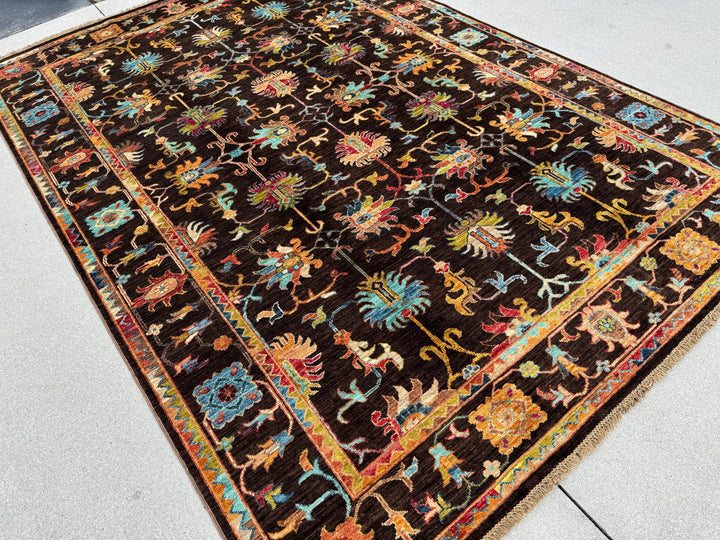 6x8 Handmade Afghan Wool Rug | Dark Brown Botanical Tribal Design | Heirloom Area Rug