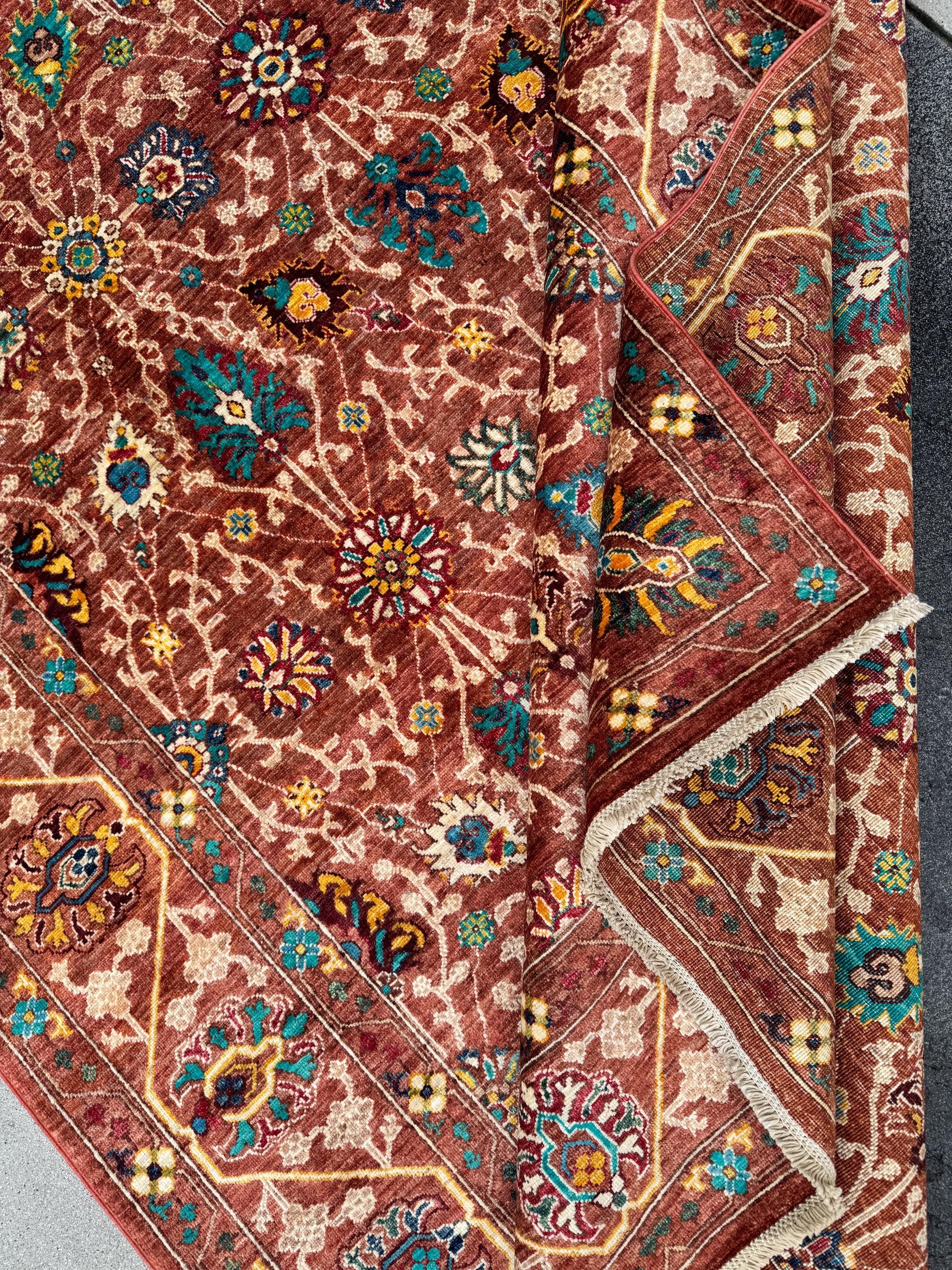 6x8 Handmade Afghan Wool Rug | Rust Red Floral Botanical Rug | Heirloom Area Rug