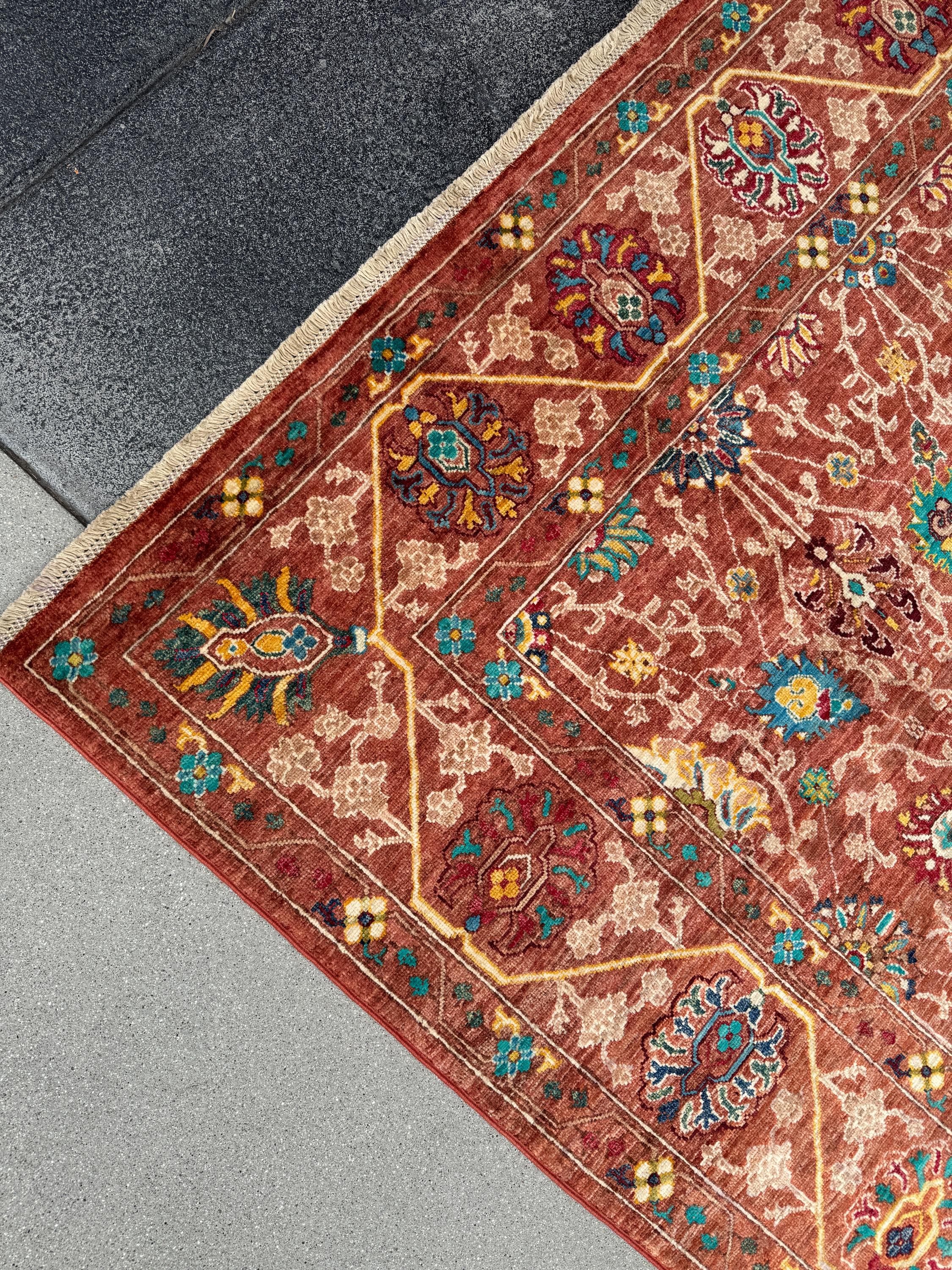 6x8 Handmade Afghan Wool Rug | Rust Red Floral Botanical Rug | Heirloom Area Rug