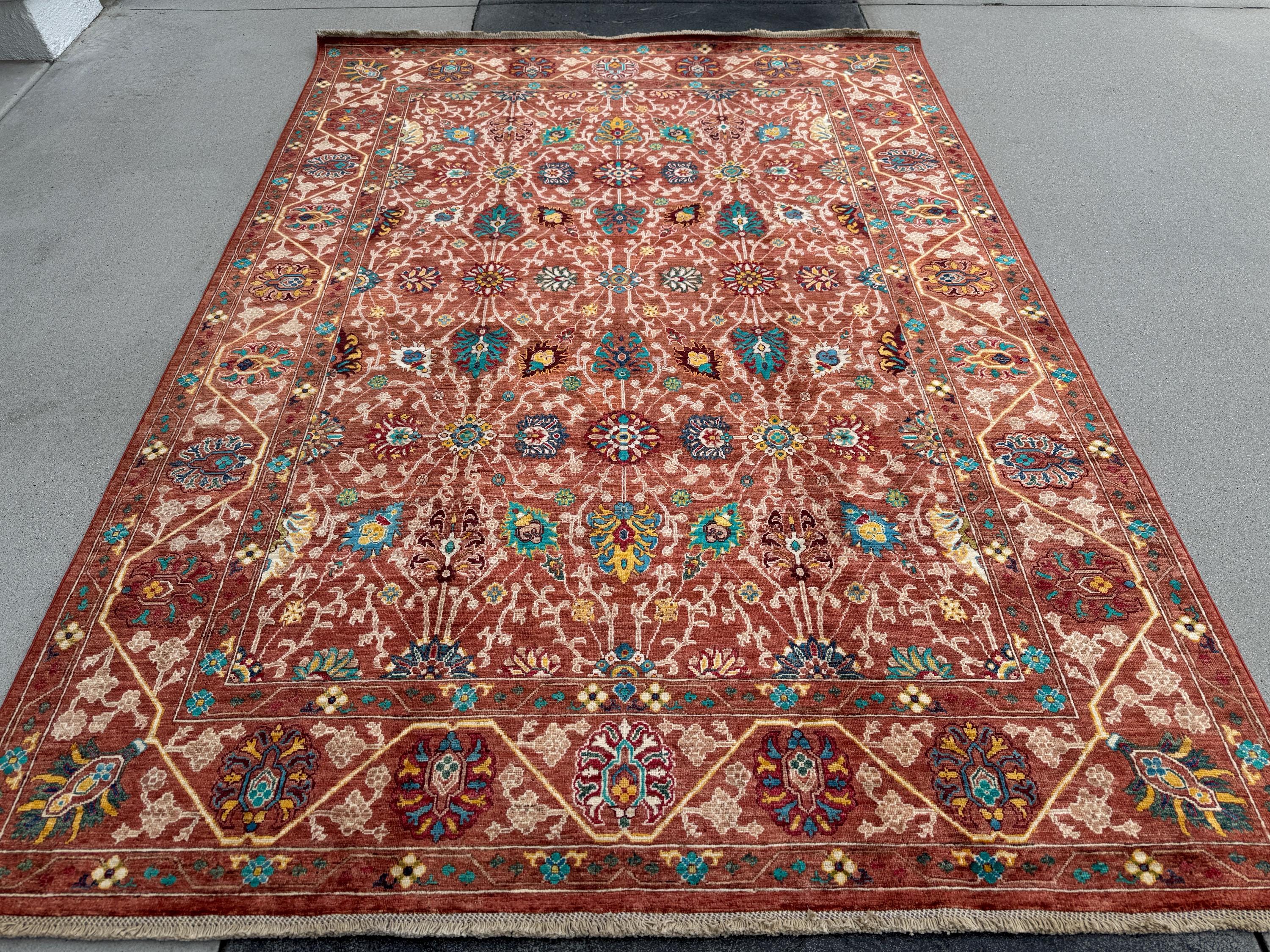 6x8 Handmade Afghan Wool Rug | Rust Red Floral Botanical Rug | Heirloom Area Rug