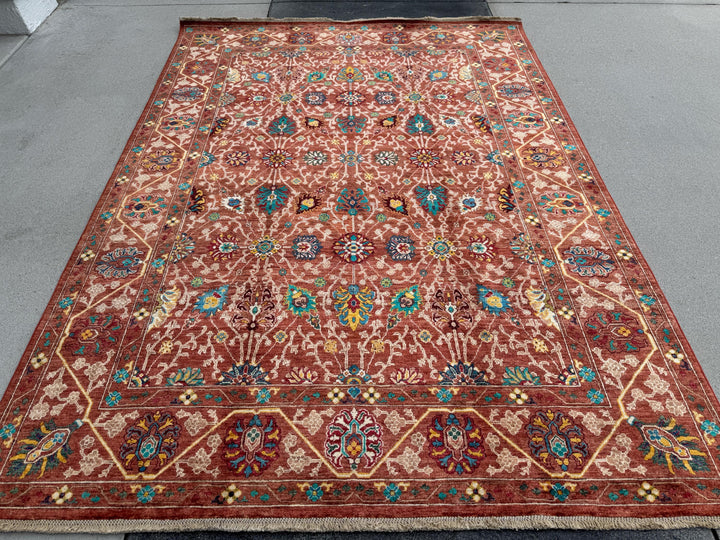 6x8 Handmade Afghan Wool Rug | Rust Red Floral Botanical Rug | Heirloom Area Rug