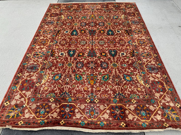 6x8 Handmade Afghan Wool Rug | Rust Red Floral Botanical Rug | Heirloom Area Rug