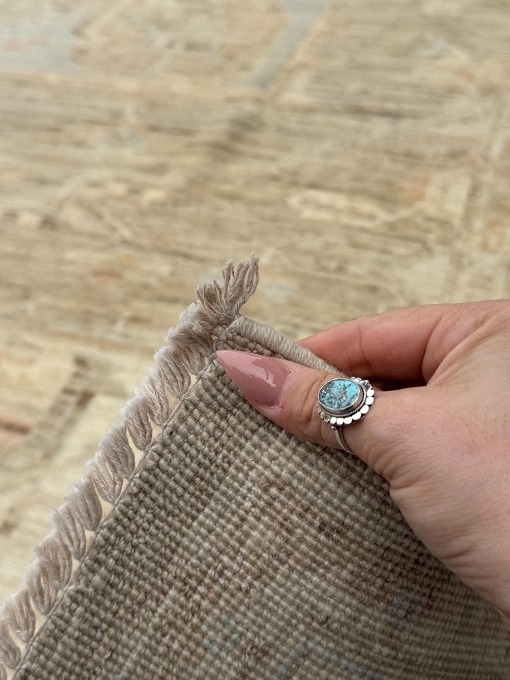 9x12 Handmade Afghan Wool Rug | Neutral Beige Persian Heriz-Style Rug | Knotted Heirloom Area Rug