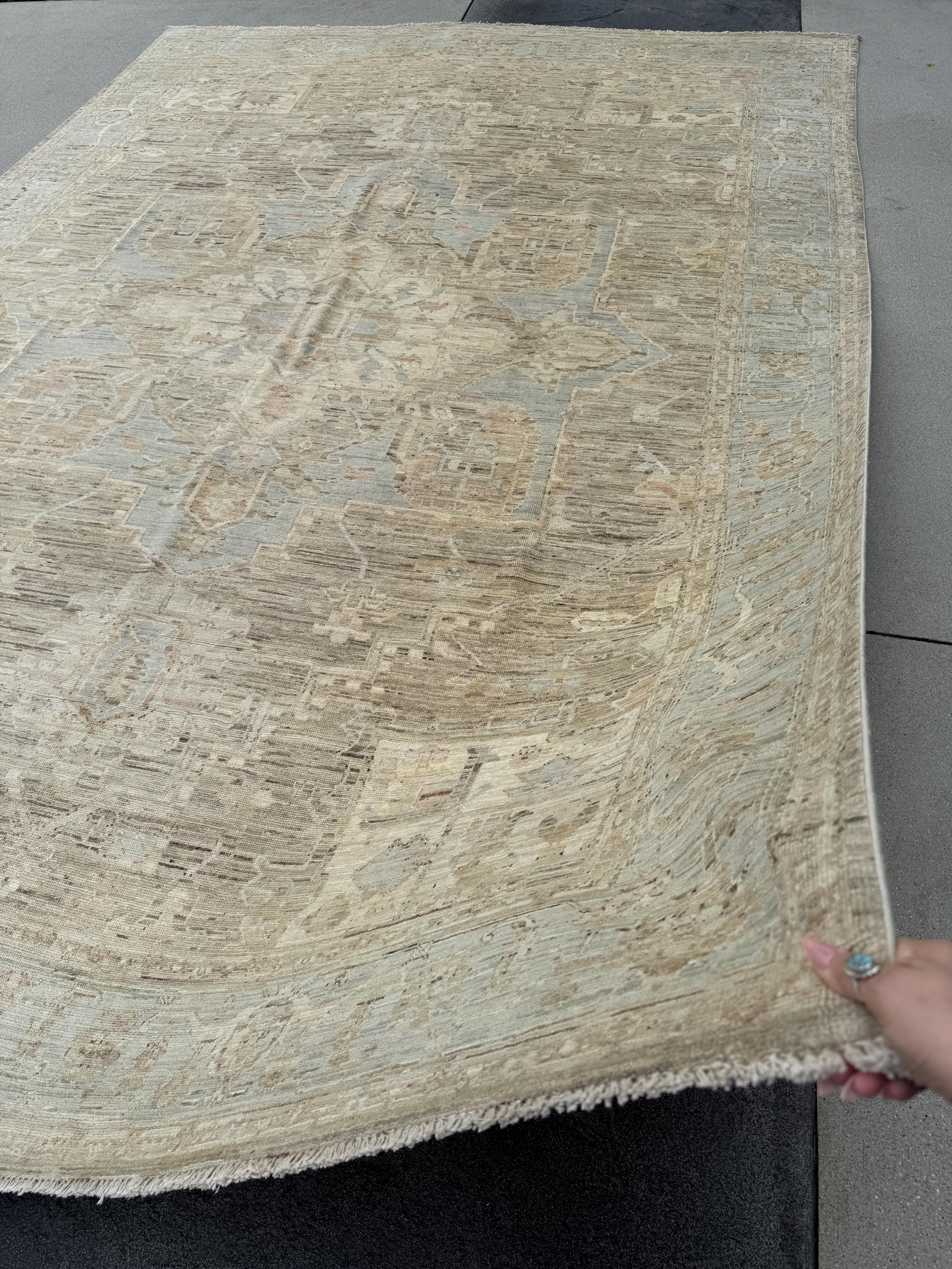 9x12 Handmade Afghan Wool Rug | Neutral Beige Persian Heriz-Style Rug | Knotted Heirloom Area Rug
