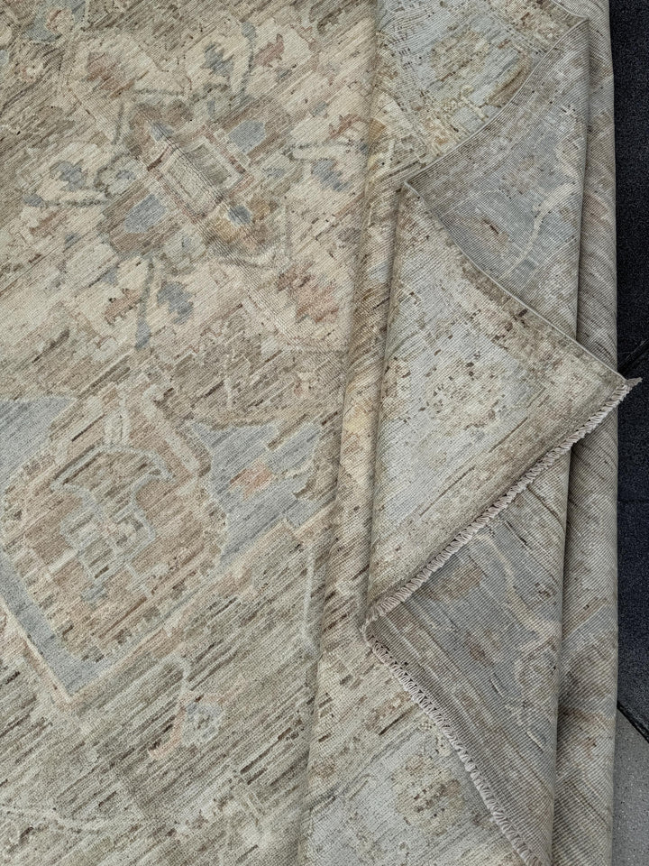 9x12 Handmade Afghan Wool Rug | Neutral Beige Persian Heriz-Style Rug | Knotted Heirloom Area Rug