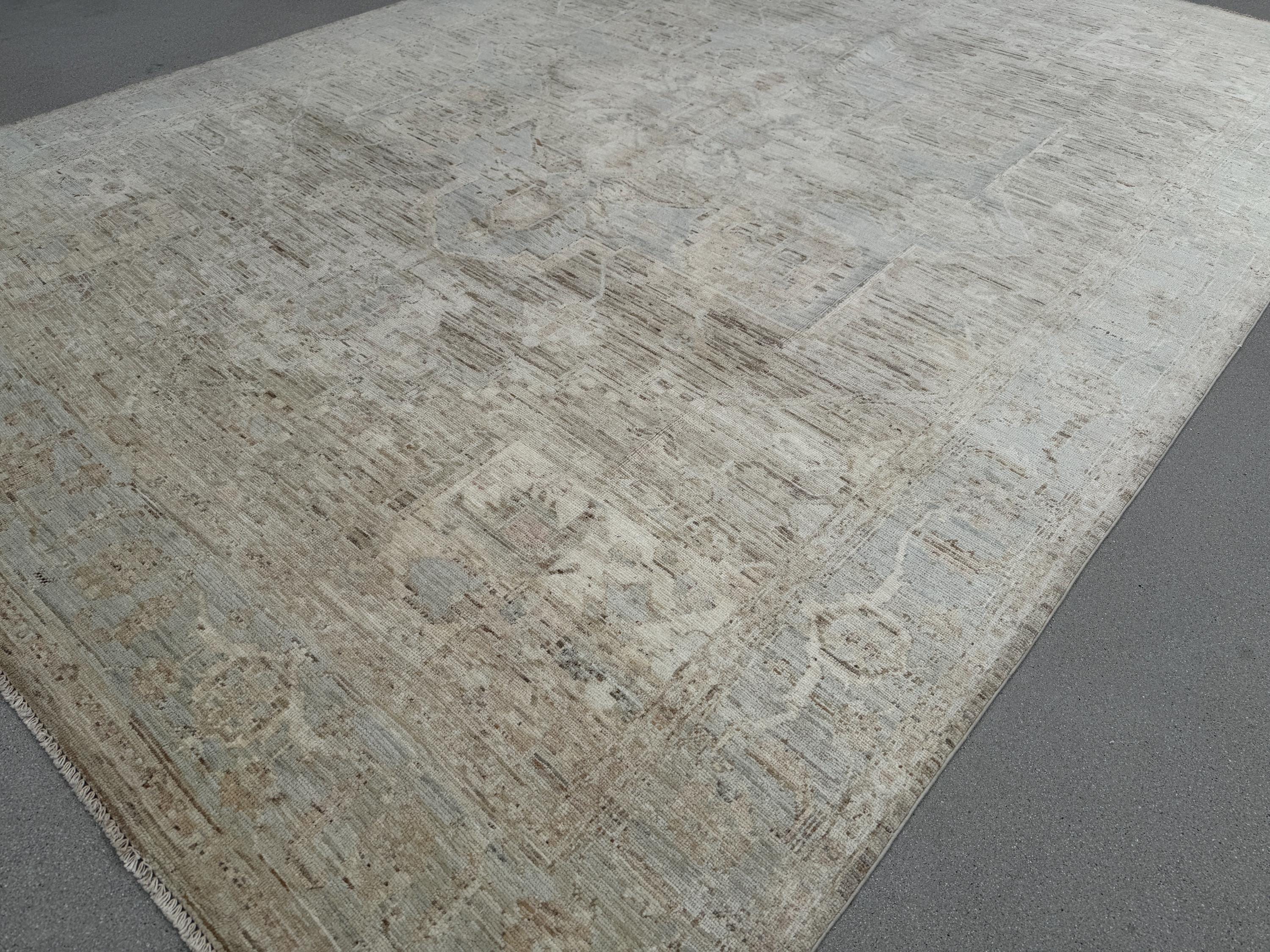 9x12 Handmade Afghan Wool Rug | Neutral Beige Persian Heriz-Style Rug | Knotted Heirloom Area Rug