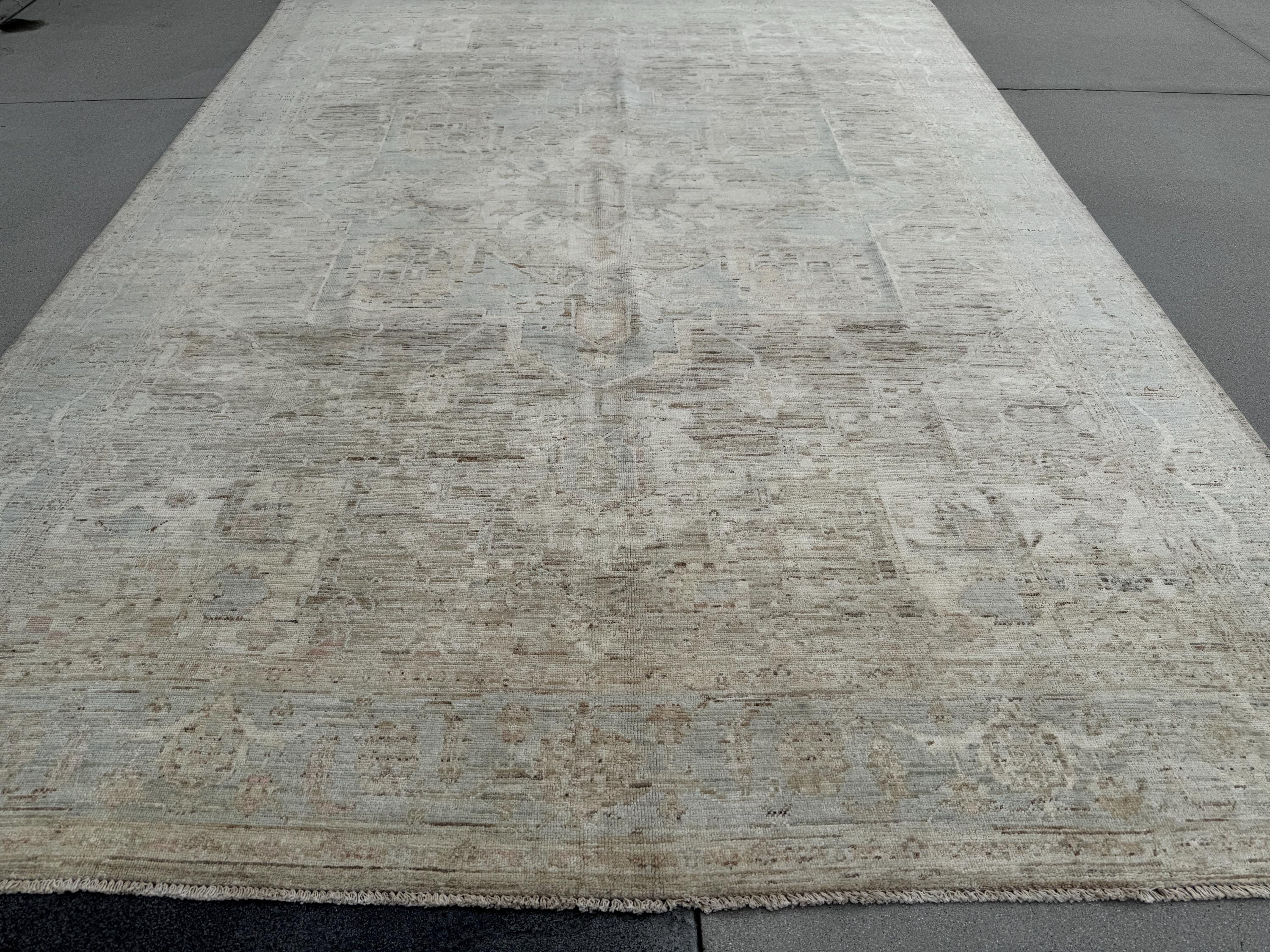 9x12 Handmade Afghan Wool Rug | Neutral Beige Persian Heriz-Style Rug | Knotted Heirloom Area Rug