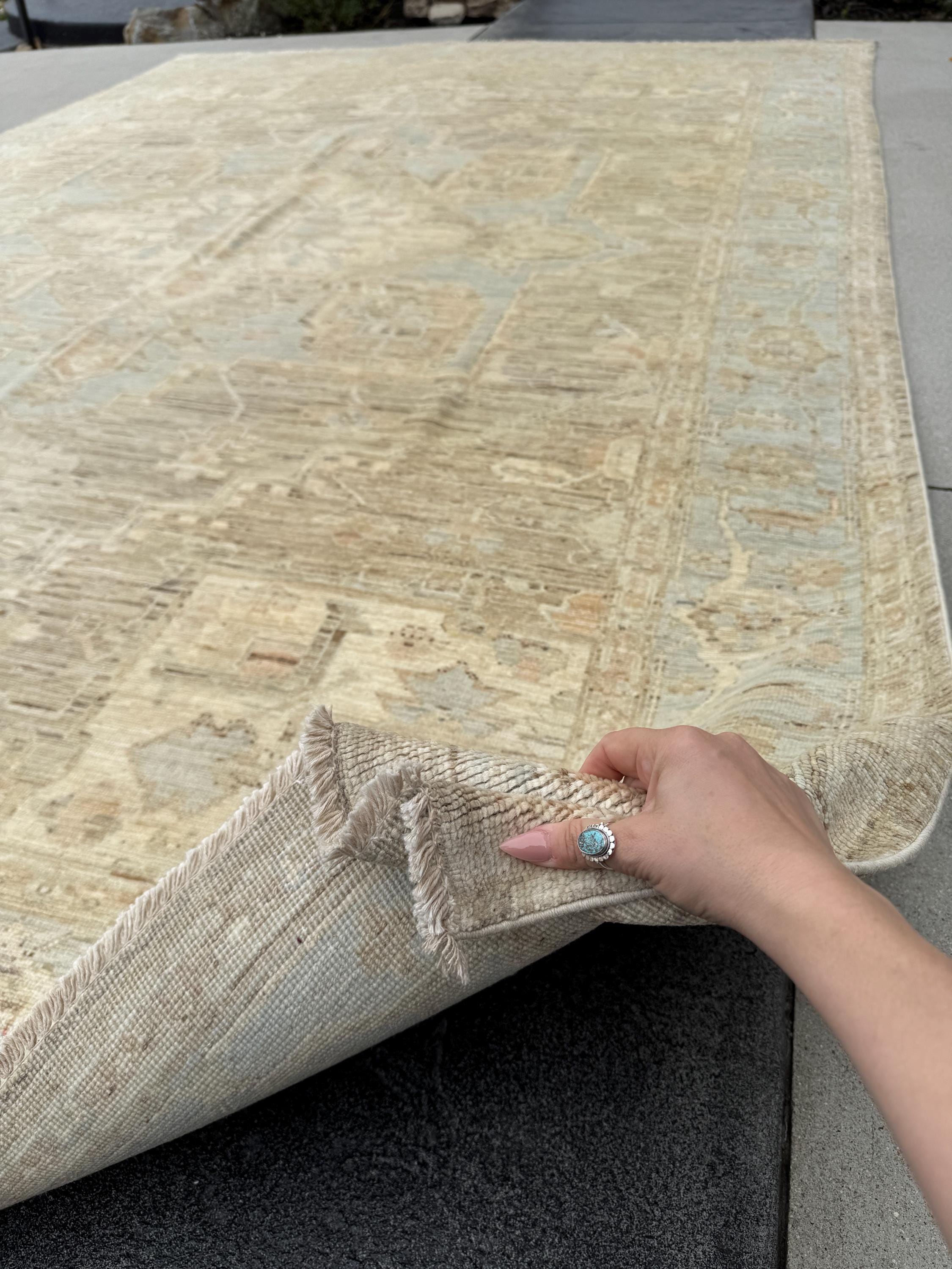 9x12 Handmade Afghan Wool Rug | Neutral Beige Persian Heriz-Style Rug | Knotted Heirloom Area Rug