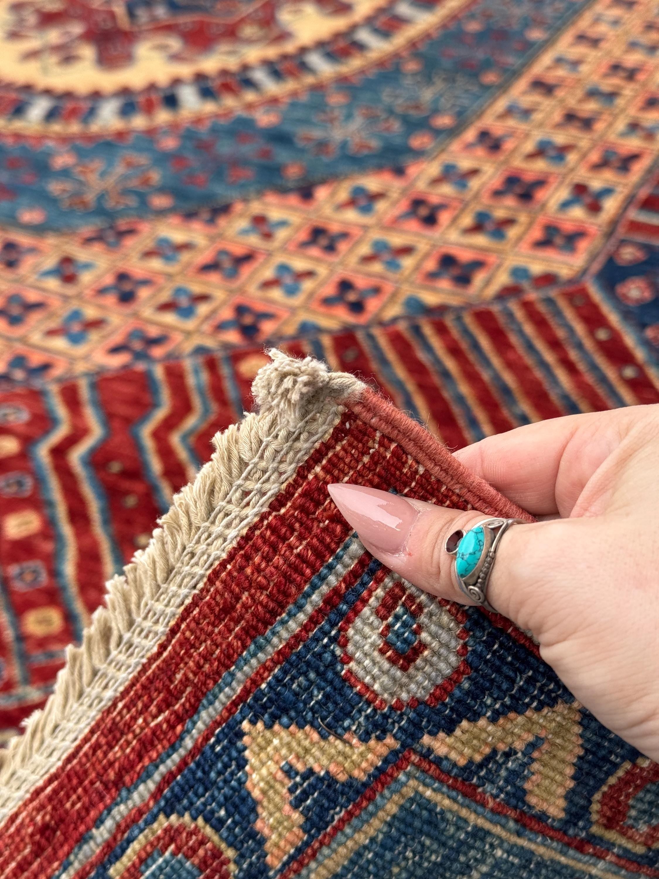 9x12 Handmade Afghan Wool Rug | Bold Red & Blue Tribal Medallion Rug | Large Heirloom Area Rug