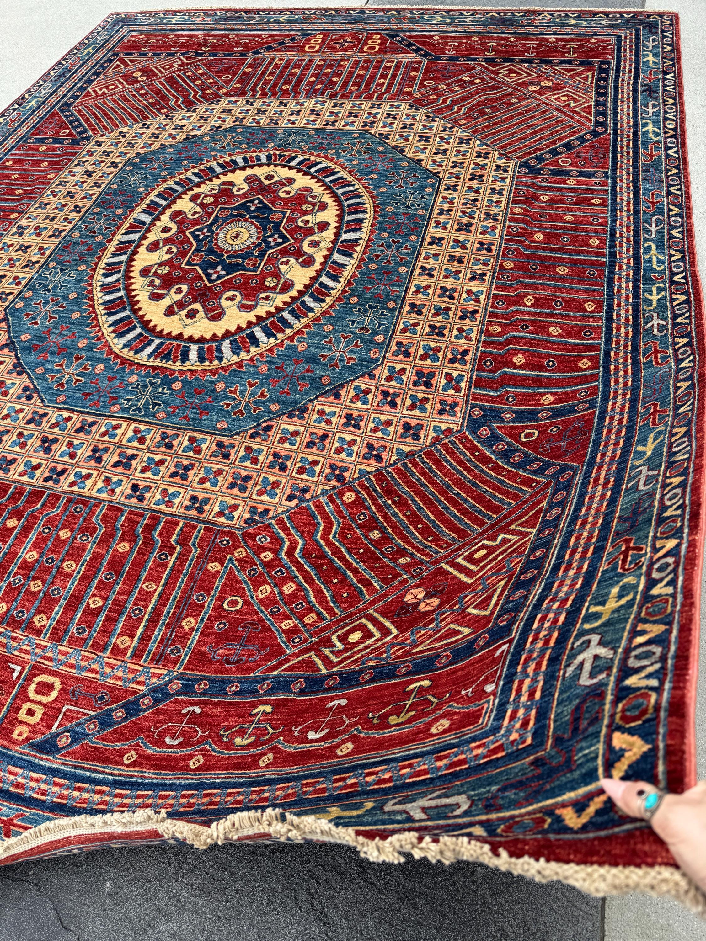 9x12 Handmade Afghan Wool Rug | Bold Red & Blue Tribal Medallion Rug | Large Heirloom Area Rug
