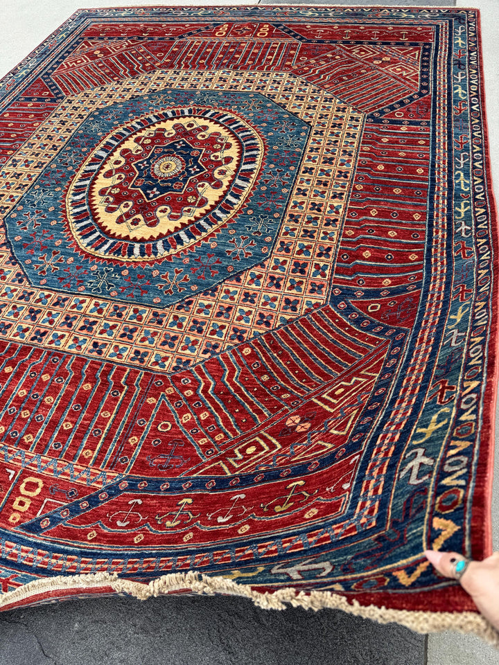 9x12 Handmade Afghan Wool Rug | Bold Red & Blue Tribal Medallion Rug | Large Heirloom Area Rug
