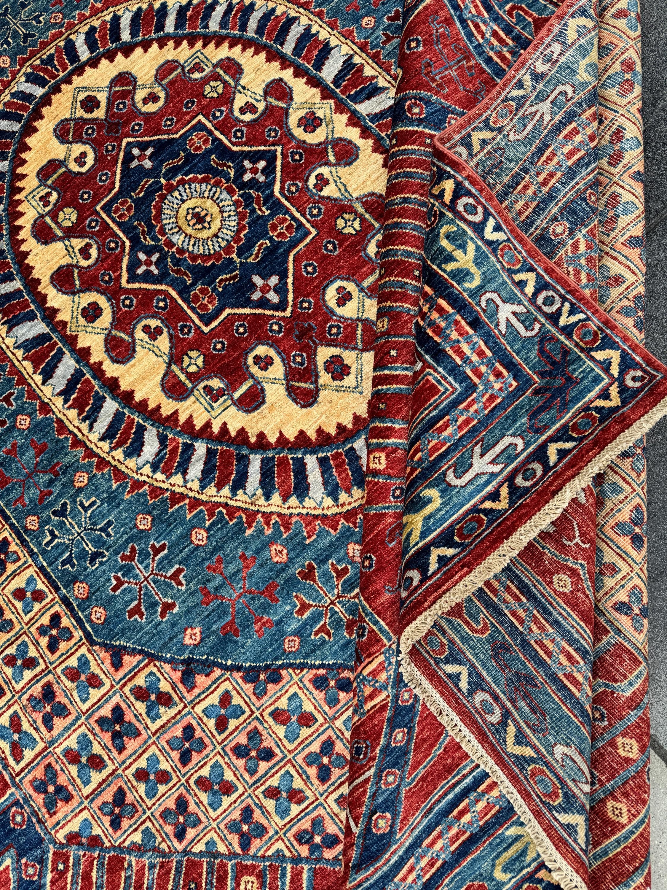 9x12 Handmade Afghan Wool Rug | Bold Red & Blue Tribal Medallion Rug | Large Heirloom Area Rug