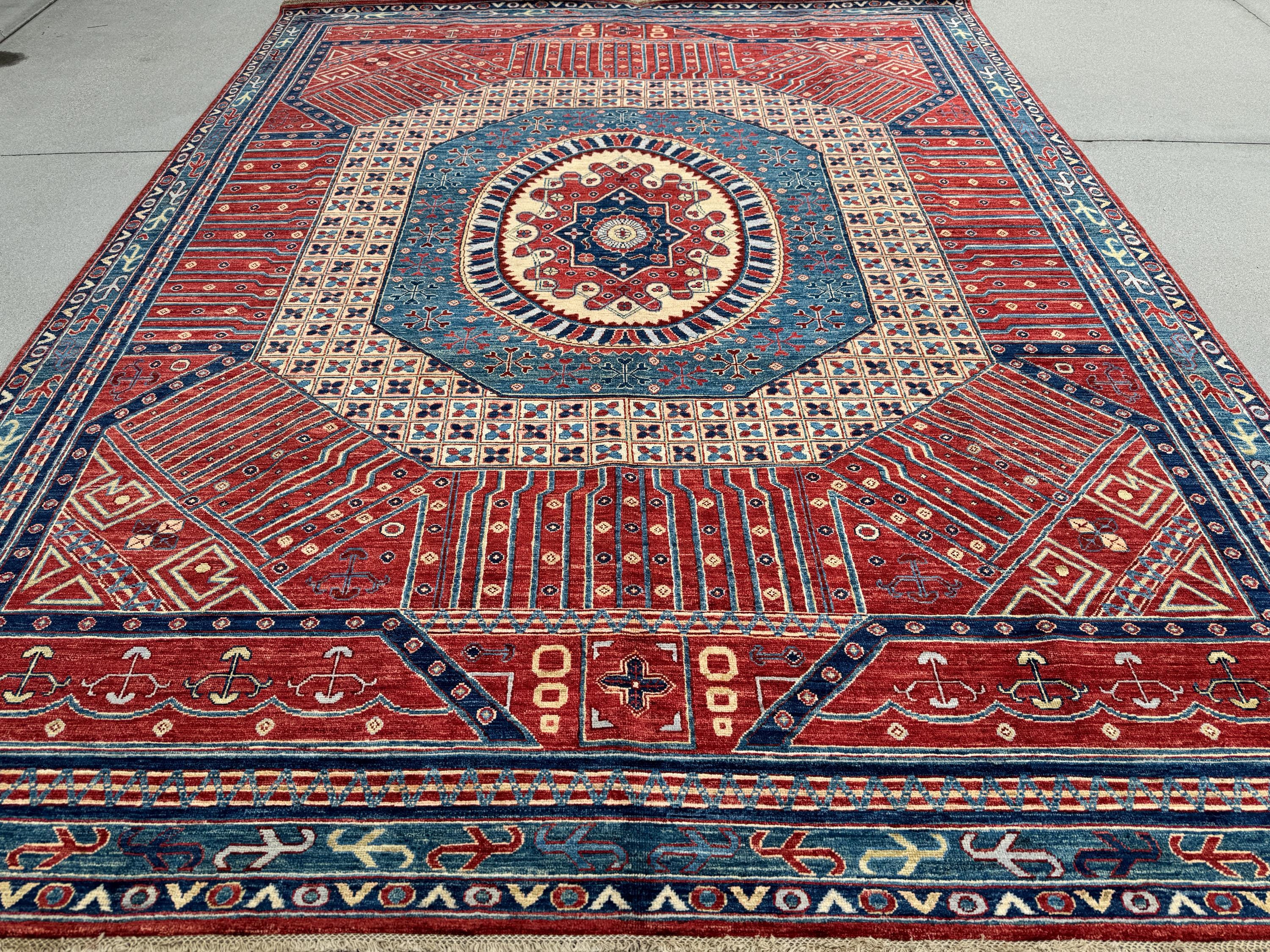 9x12 Handmade Afghan Wool Rug | Bold Red & Blue Tribal Medallion Rug | Large Heirloom Area Rug