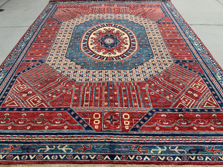 9x12 Handmade Afghan Wool Rug | Bold Red & Blue Tribal Medallion Rug | Large Heirloom Area Rug