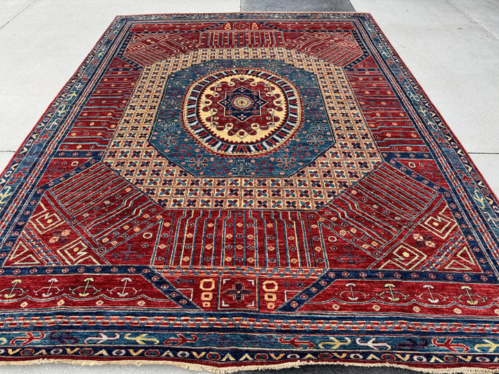 9x12 Handmade Afghan Wool Rug | Bold Red & Blue Tribal Medallion Rug | Large Heirloom Area Rug