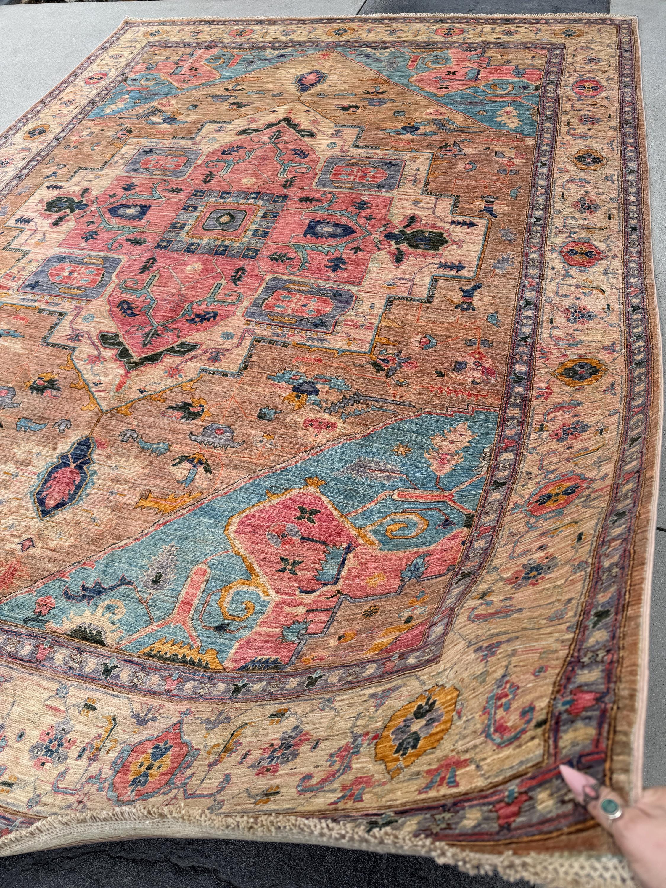 9x12 Handmade Afghan Wool Rug | Pastel Tribal Medallion Rug | Soft Pink & Blue Heirloom Area Rug