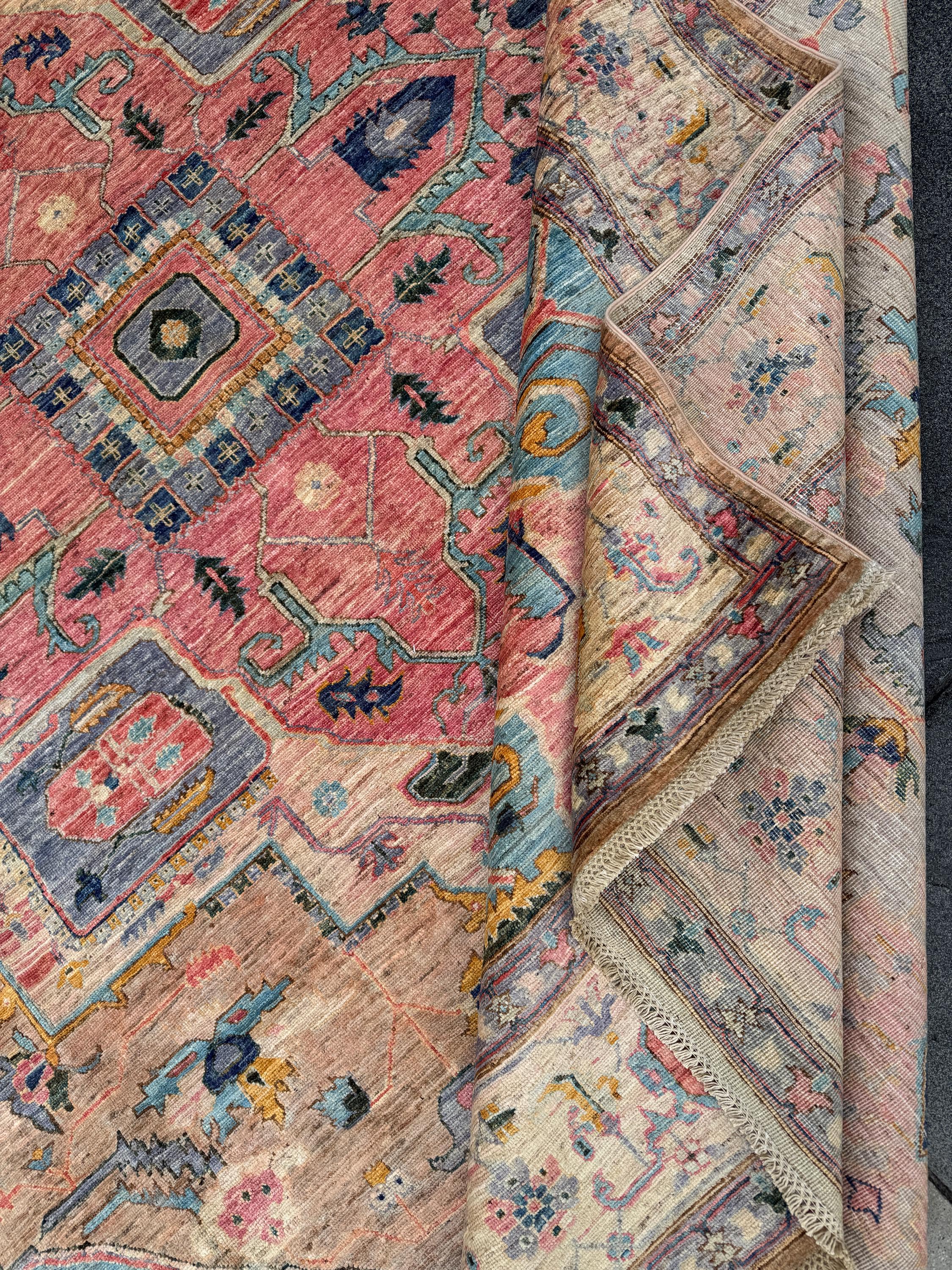 9x12 Handmade Afghan Wool Rug | Pastel Tribal Medallion Rug | Soft Pink & Blue Heirloom Area Rug