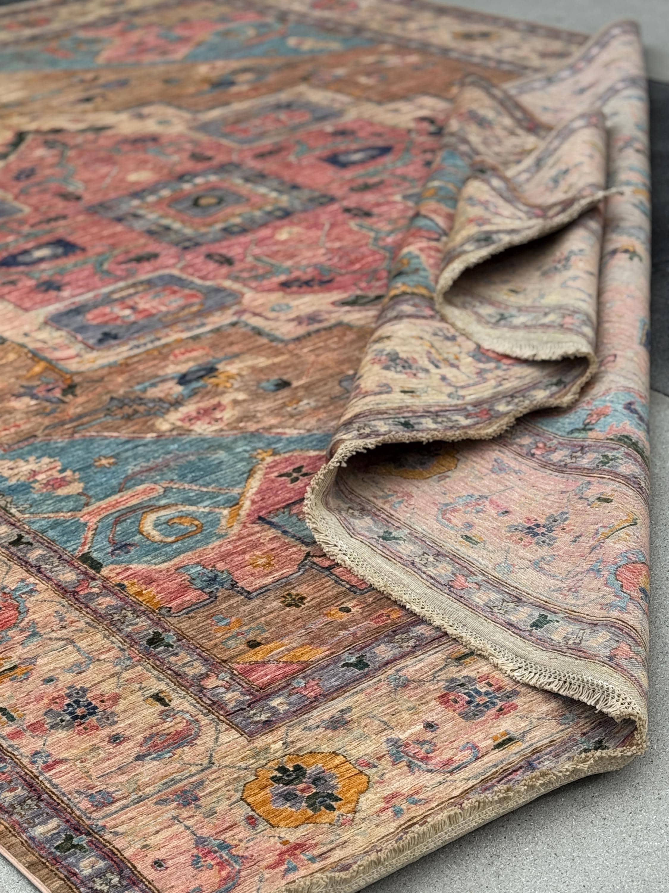 9x12 Handmade Afghan Wool Rug | Pastel Tribal Medallion Rug | Soft Pink & Blue Heirloom Area Rug