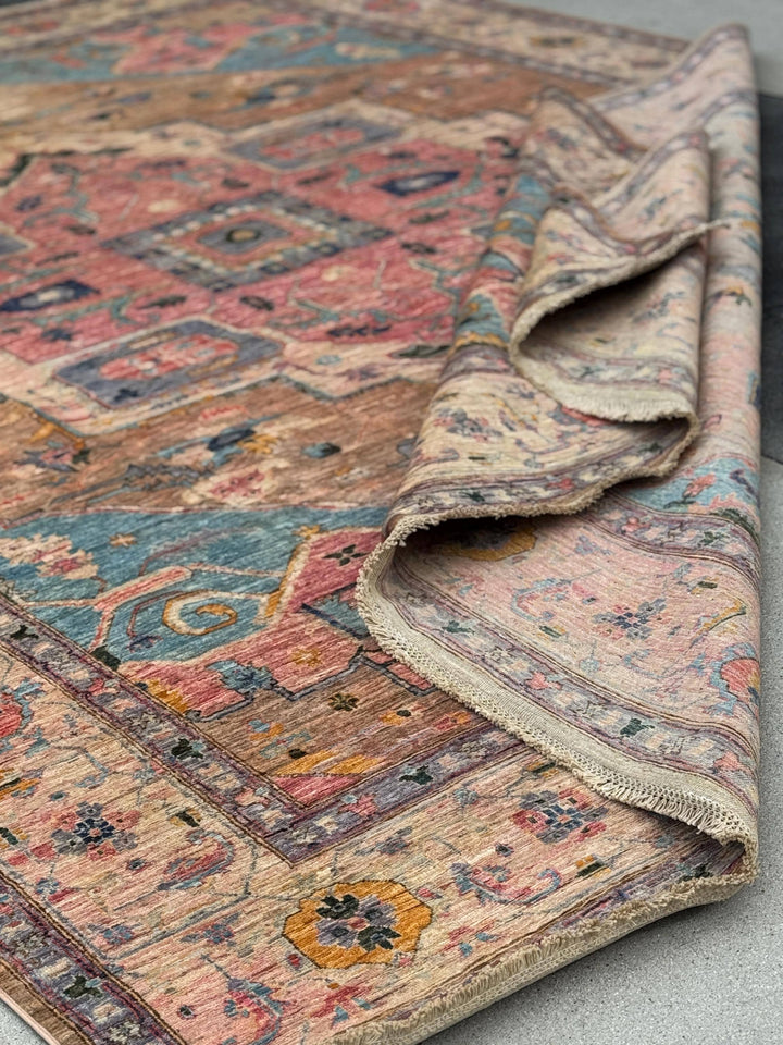 9x12 Handmade Afghan Wool Rug | Pastel Tribal Medallion Rug | Soft Pink & Blue Heirloom Area Rug