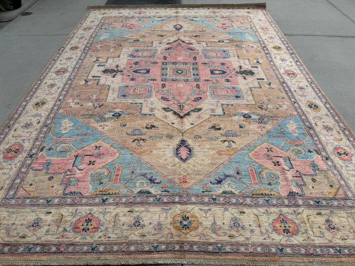 9x12 Handmade Afghan Wool Rug | Pastel Tribal Medallion Rug | Soft Pink & Blue Heirloom Area Rug