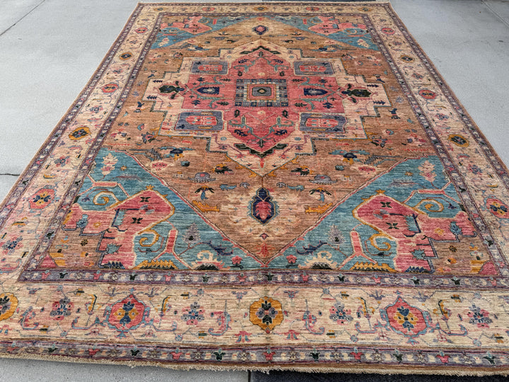 9x12 Handmade Afghan Wool Rug | Pastel Tribal Medallion Rug | Soft Pink & Blue Heirloom Area Rug