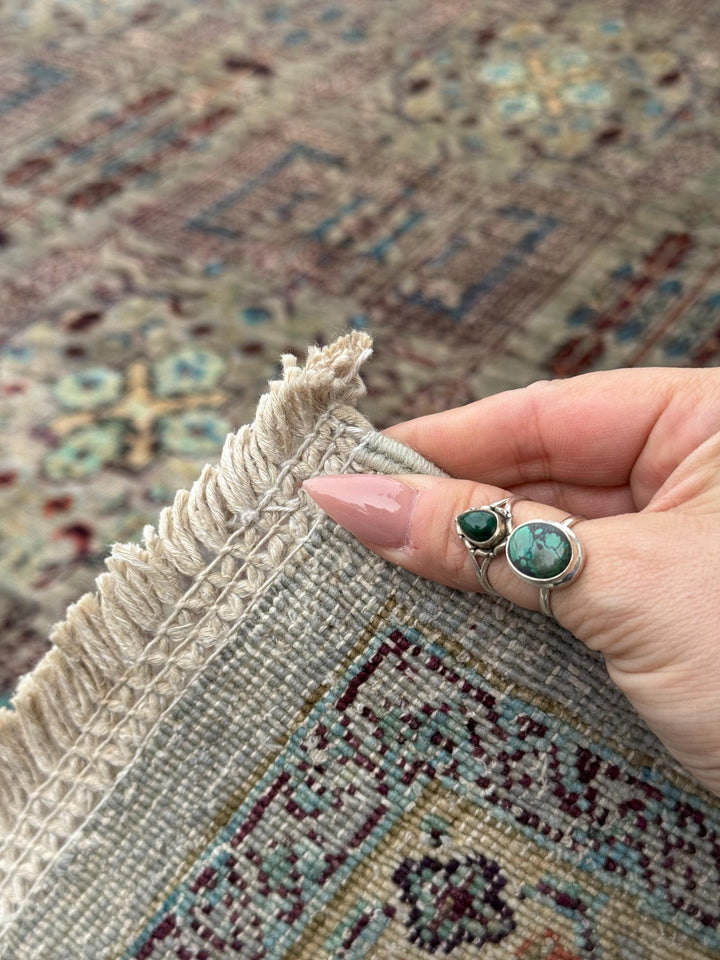 9x10 Handmade Afghan Wool Rug | Muted Tribal Floral Grid Rug | Gray Blue Heirloom Area Rug
