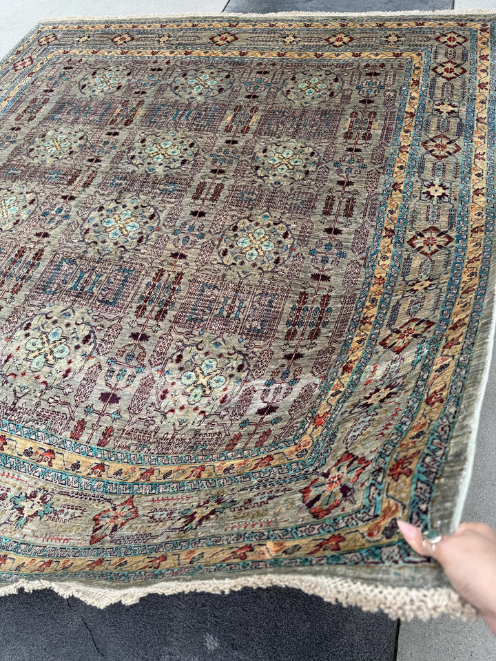 9x10 Handmade Afghan Wool Rug | Muted Tribal Floral Grid Rug | Gray Blue Heirloom Area Rug
