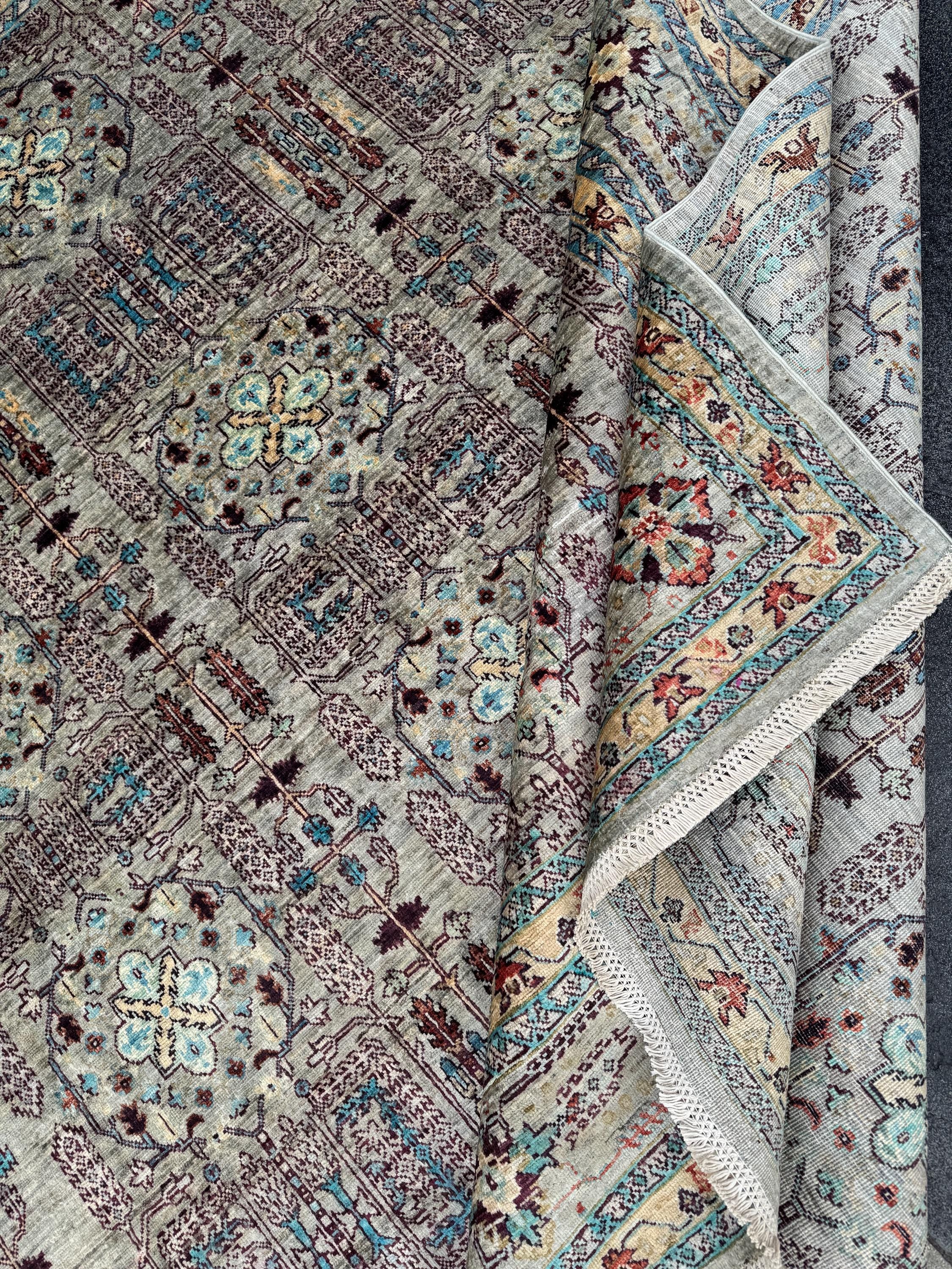 9x10 Handmade Afghan Wool Rug | Muted Tribal Floral Grid Rug | Gray Blue Heirloom Area Rug