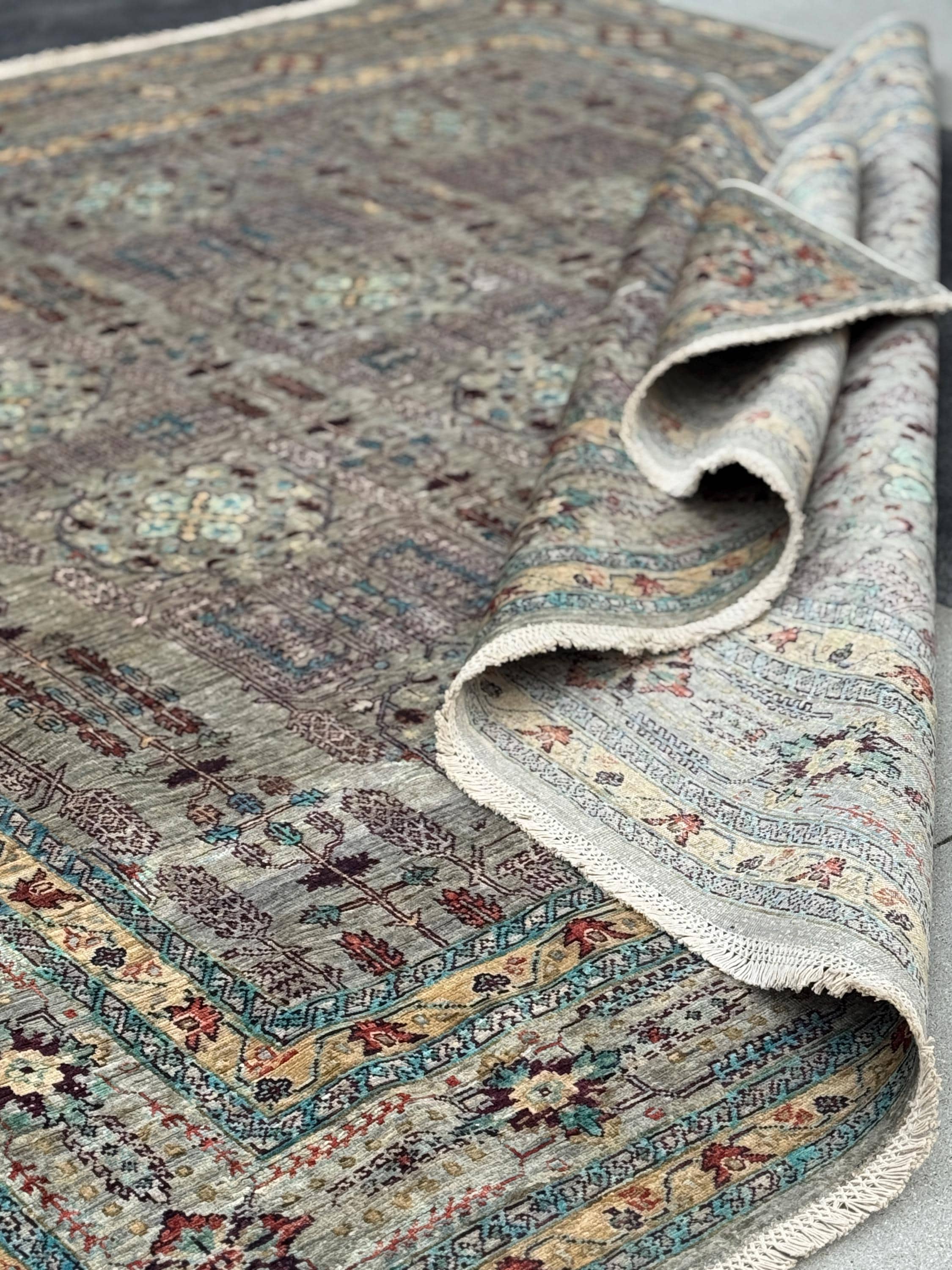 9x10 Handmade Afghan Wool Rug | Muted Tribal Floral Grid Rug | Gray Blue Heirloom Area Rug