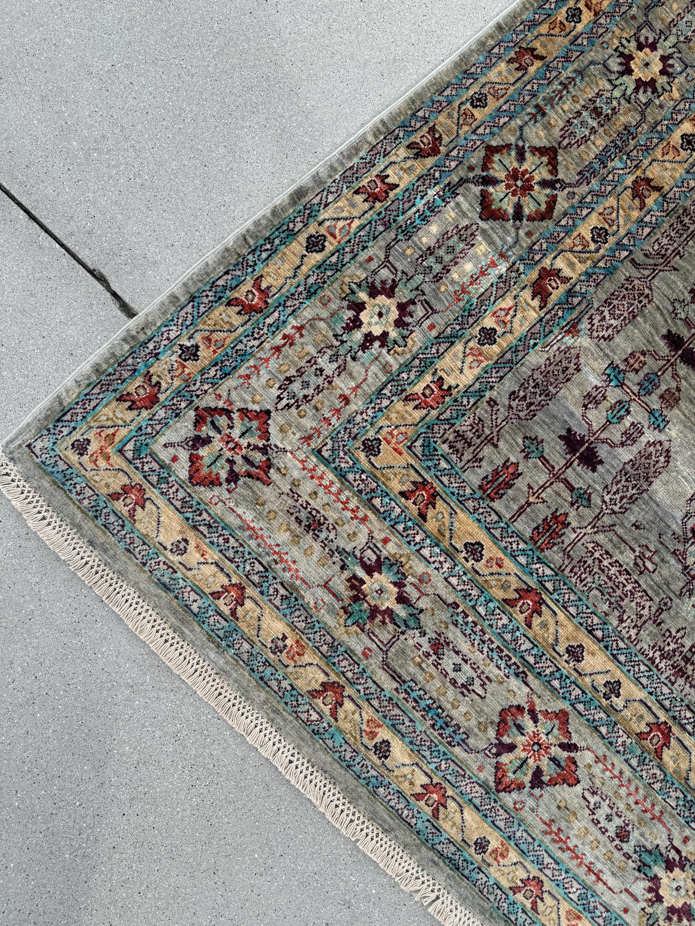 9x10 Handmade Afghan Wool Rug | Muted Tribal Floral Grid Rug | Gray Blue Heirloom Area Rug