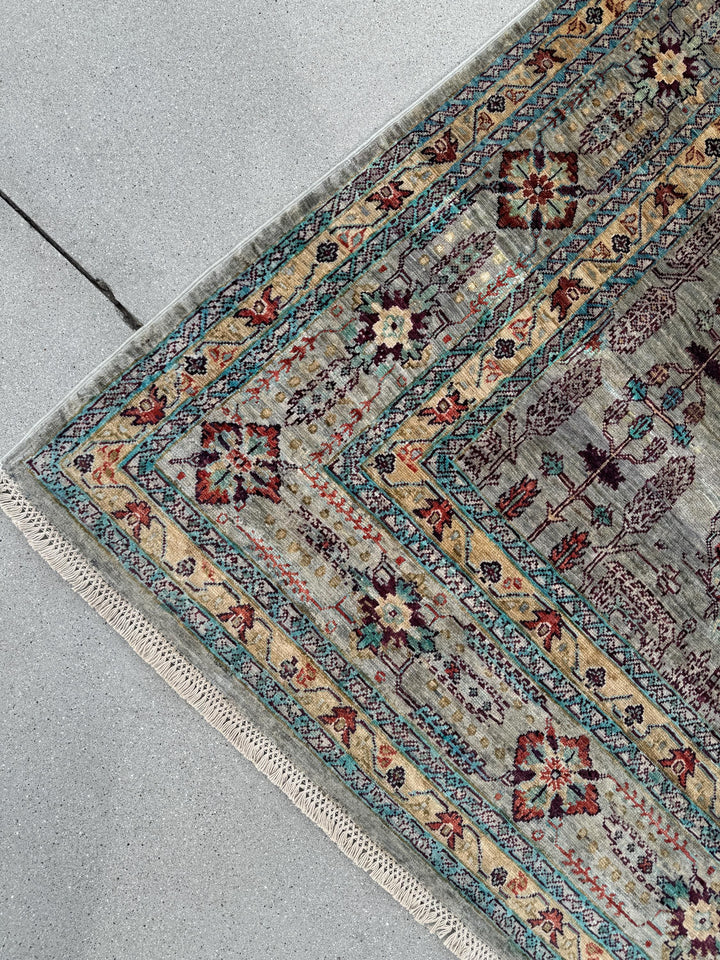 9x10 Handmade Afghan Wool Rug | Muted Tribal Floral Grid Rug | Gray Blue Heirloom Area Rug
